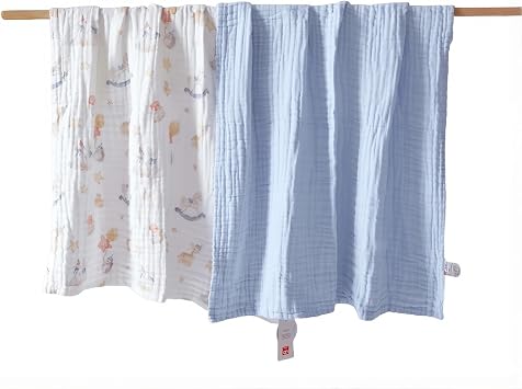 gb Baby 6-Layer Cotton Muslin Swaddle Blanket, Blue, 2 Pack