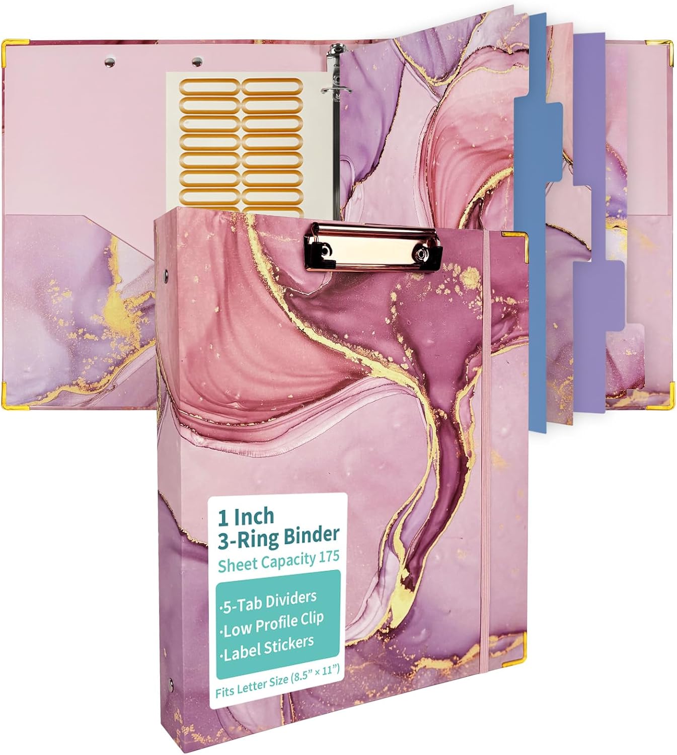 Binditek 3 Ring Binder 1 Inch, Letter Size, 175 Sheet Capacity, Pink Marble