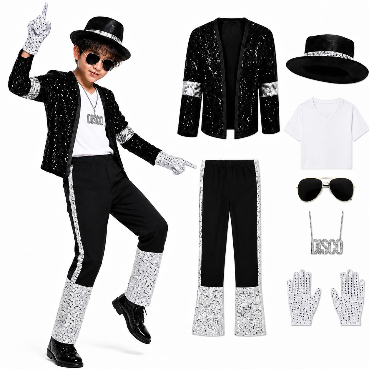 SINSEN Pop Star Costume for Kids 80s 90s Disco Outfit Sequin Jacket Pants Hat T-Shirt Gloves Sunglasses Necklace Fancy Dress Costume for Halloween Cosplay Party World Book Day 3-12 Years โ image 1