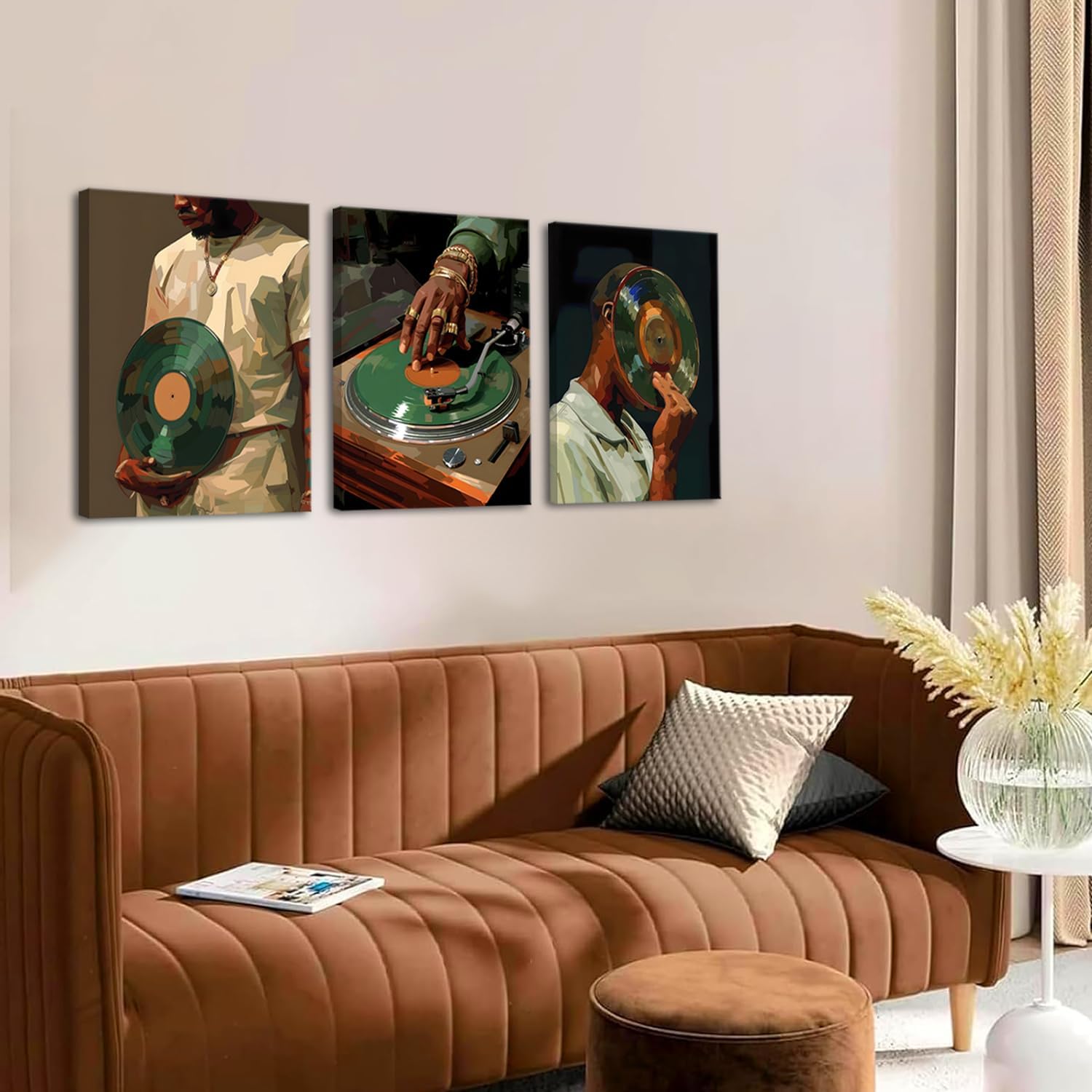 Black African American Music Wall Art Set of 3, Trendy Vinyl Records Wall Decor Picture Black Man Culture Canvas Painting Prints for Bedroom Living Room 16x24 inch Framed