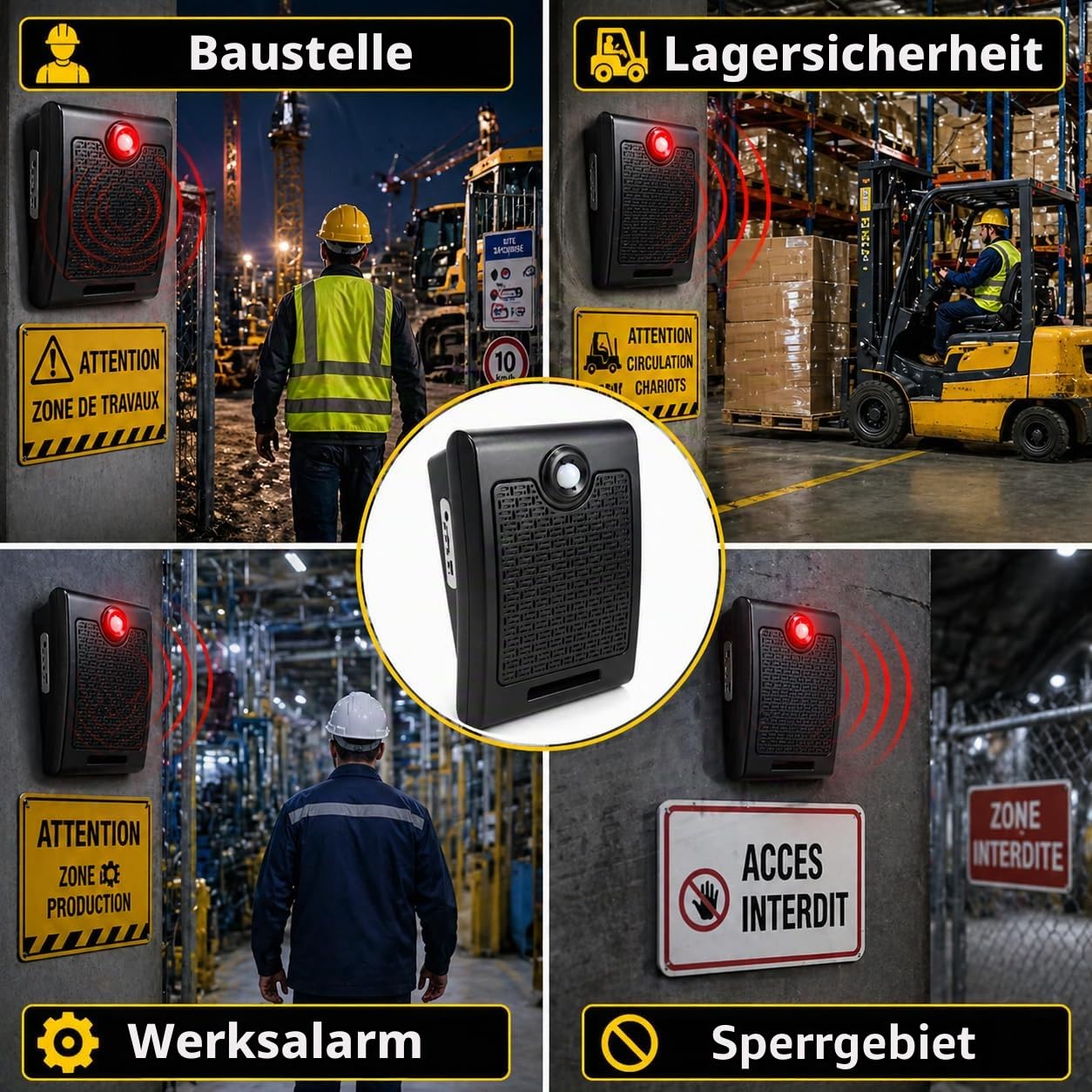 PIR Bewegungsmelder Sprachalarm mit 100dB Lautsprecher, 10W Sprachansage Gerät mit MP3 Wiedergabe, Bewegungsmelder Sprachansage für Geschäft, Lager, Aufzug, Baustelle und Sicherheitswarnung