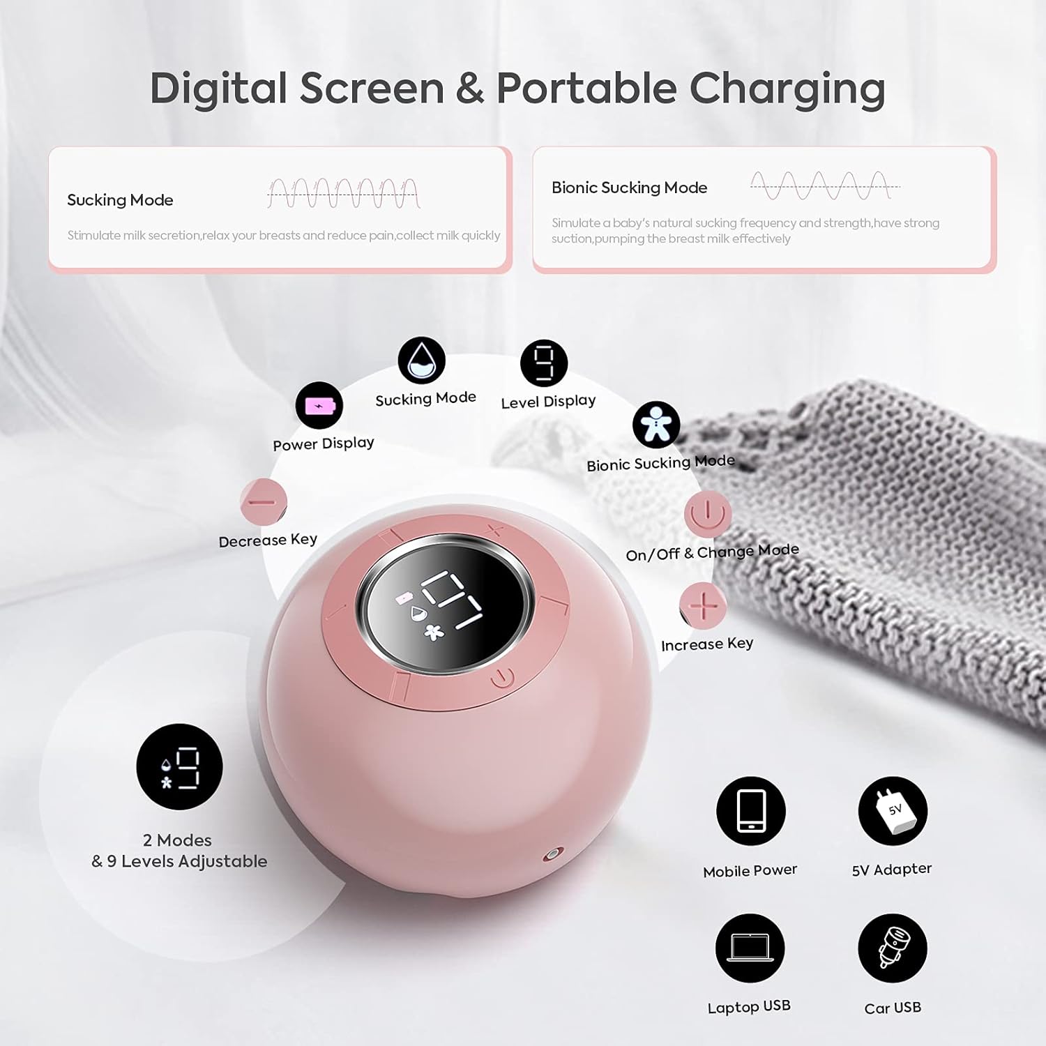 Real Bubee Breast Pumps Double Electric Breast Feeding Pump, Hospital Grade BPA Free Portable Milk Pump with 2 Modes & 9 Levels, Pain Free, Quiet Rechargeable Lightweight Extractor for Travel/ Home : Baby