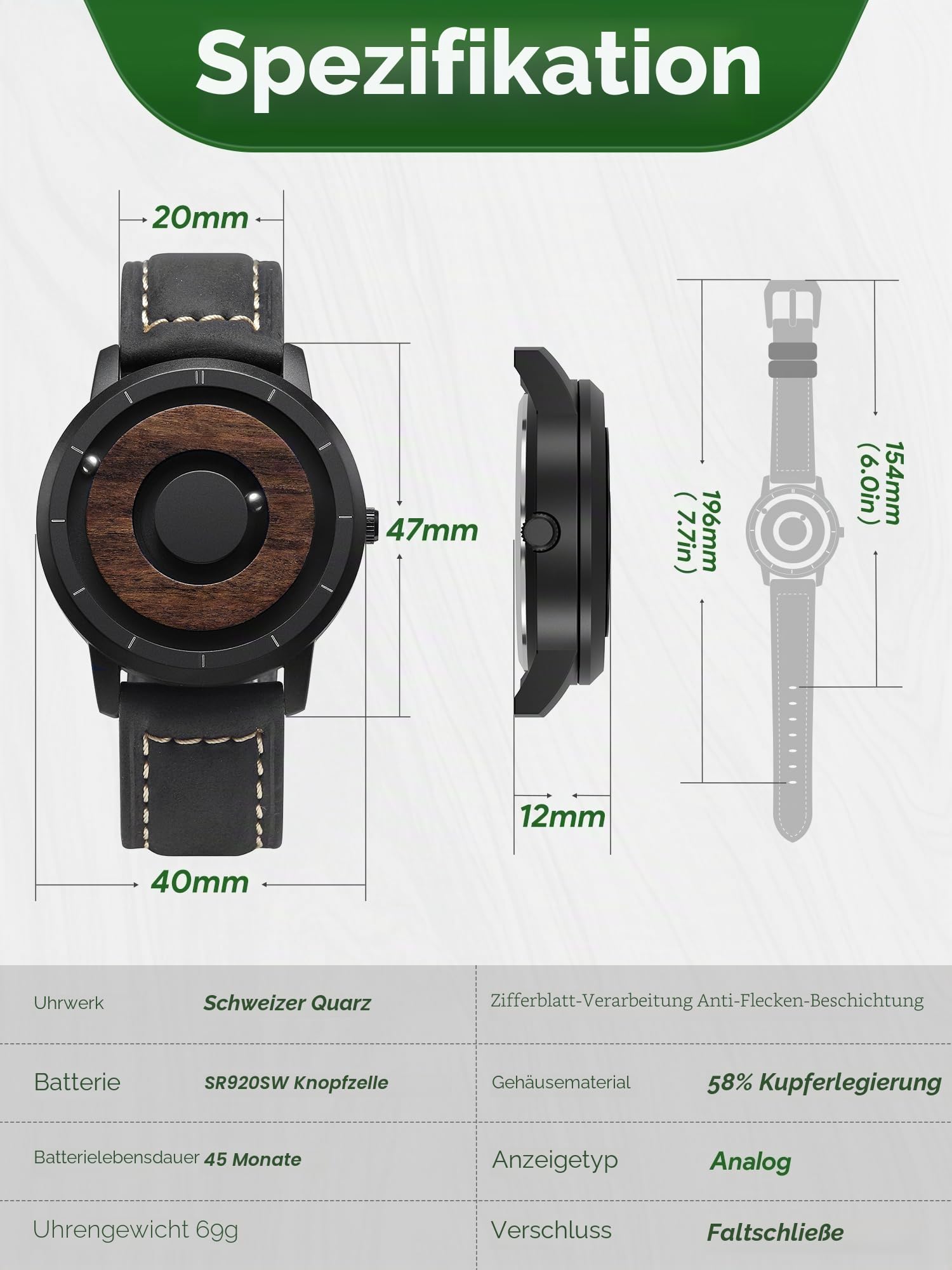 EUTOUR Holz Uhr Herren Magnet Uhren Schweiz Quarz 3ATM 40mm Lederband | Kein Glas, Keine Zeiger, Die Zeit wird durch zwei Magnetkugeln angezeigt: äußere Kugel für Minuten, innere für Stunden