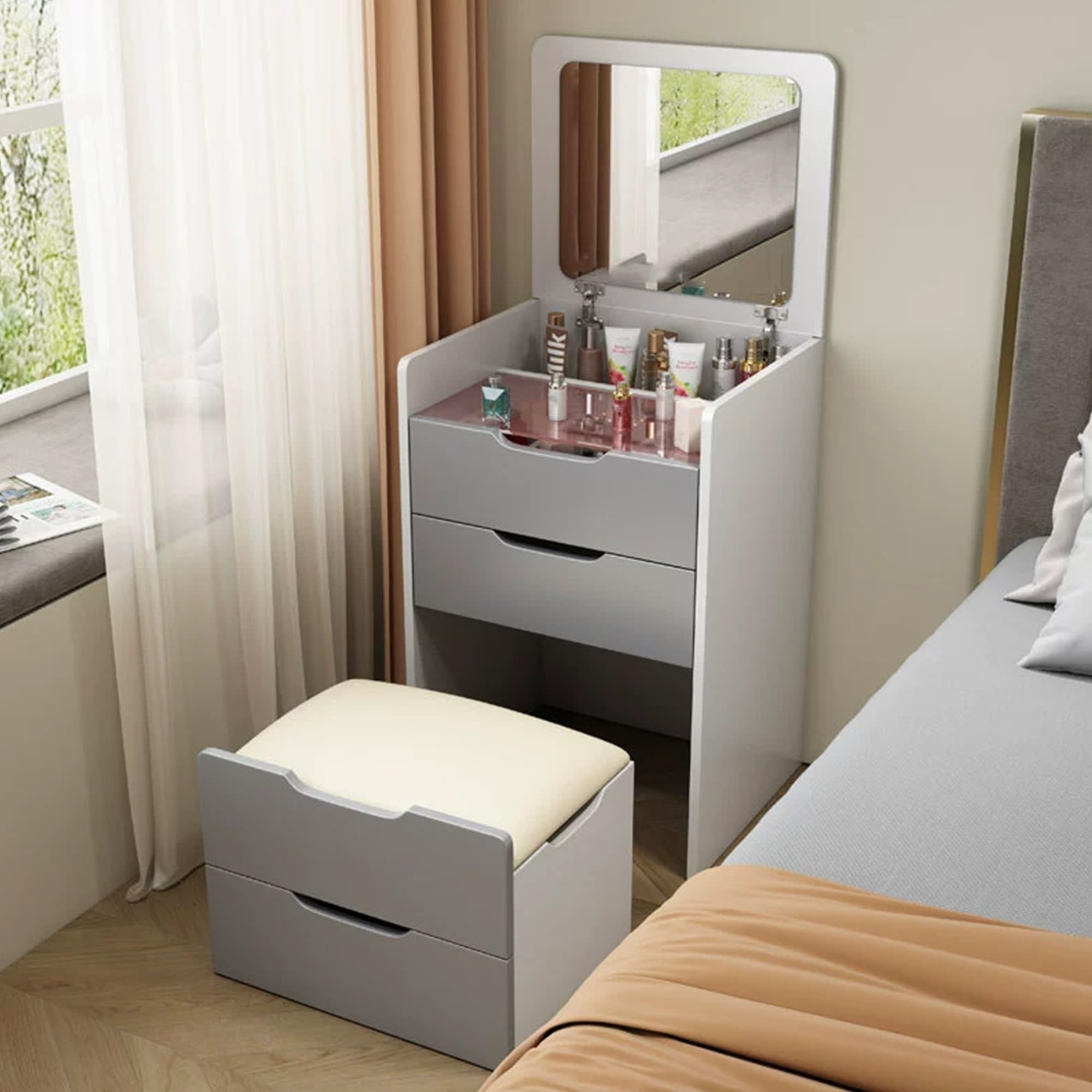 Sedia Pieghevole con Specchio E Luci per Trucco Organizzatore da Vanità Bianco per Piccoli Spazi E Comodino Scrivania Multifunzionale per Ufficio Postazione Trucco Piccola Grey Ordinary Mirror