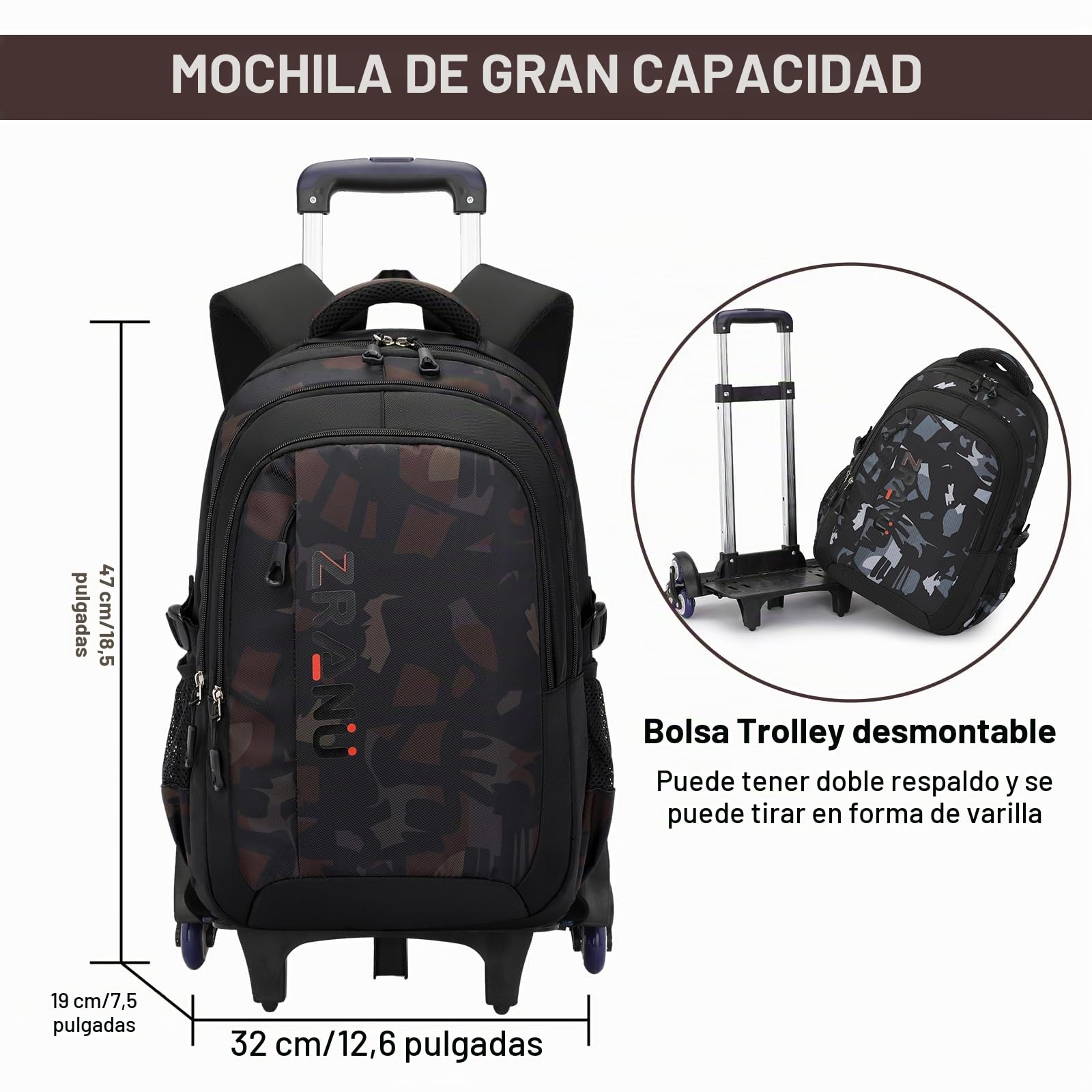 Amythe Mochila con Ruedas Niños Mochilas Escolares Trolley para Adolescentes 10 12-24 años, Carro para Mochilas 6 Ruedas, Mochila de Viaje Gran Capacidad y Resistente al Agua, Marrón