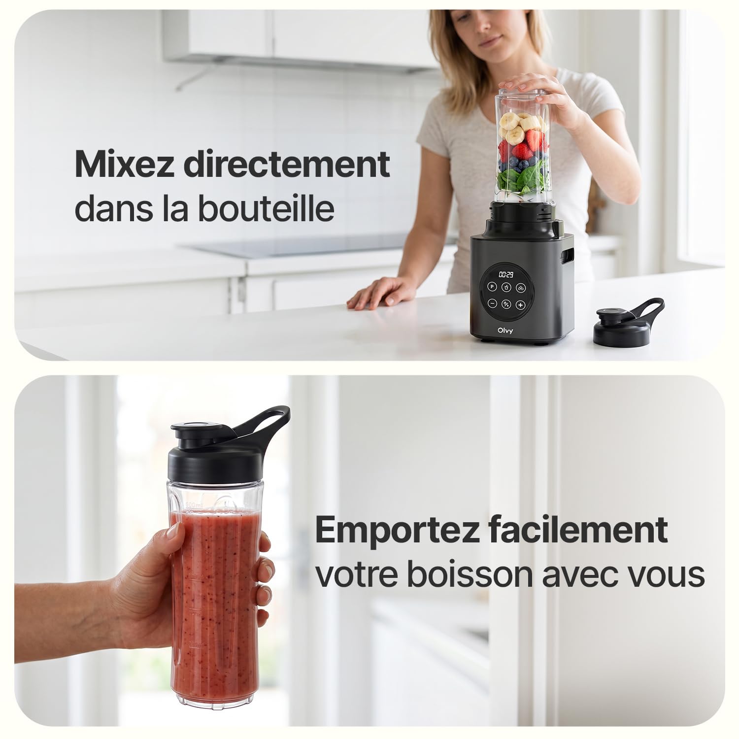 Olvy Blender Chauffant Mixeur Bol Verre Glace Pilee | 1 Appareil | Gris 1000W 1500ml 9 Vitesses | Smoothie Familial & Sport | Gourde Nomade Sans BPA