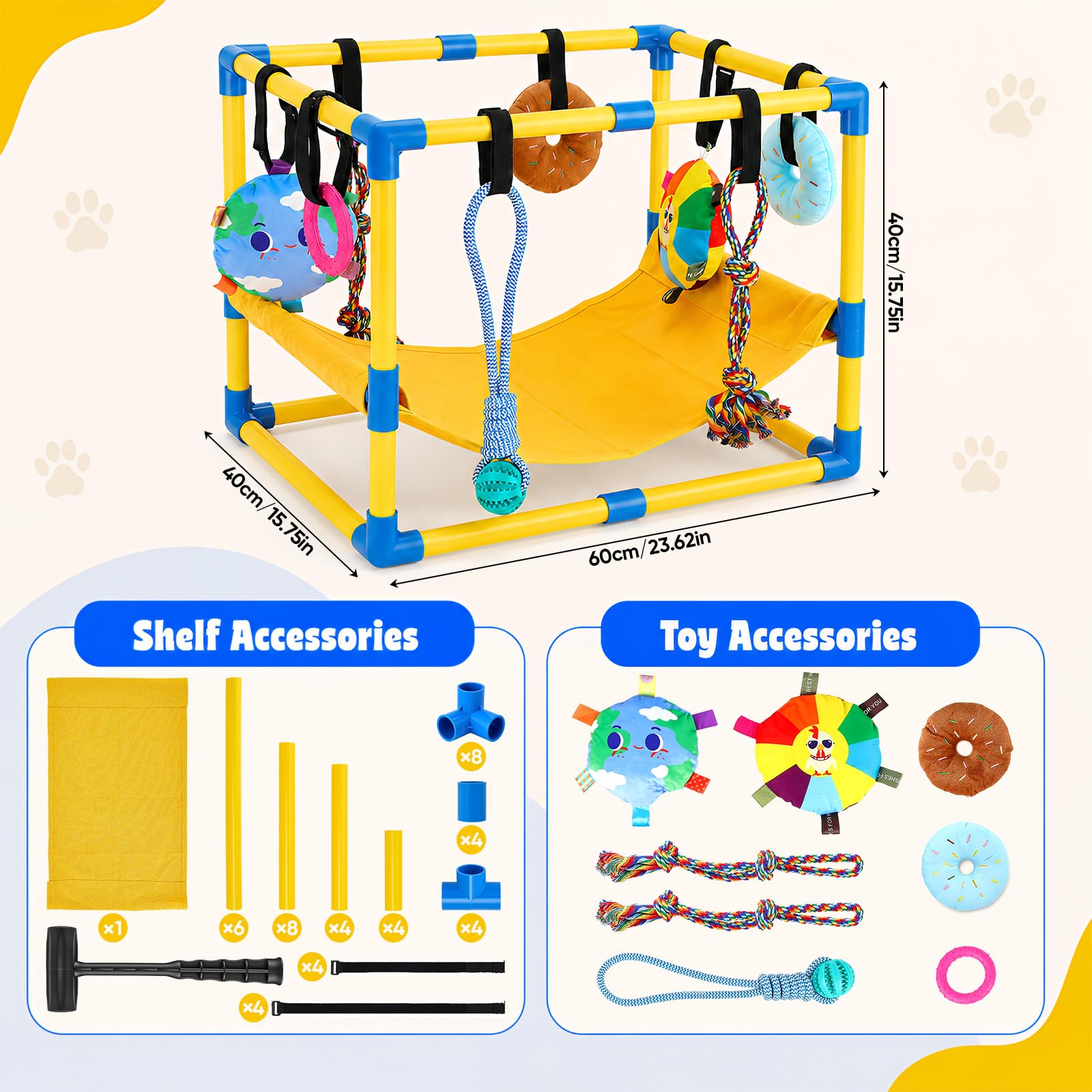 Parco giochi per cuccioli con 8 giocattoli da appendere | Struttura da gioco per cani di piccola taglia, con telaio in PVC, amaca per calmare e addestramento