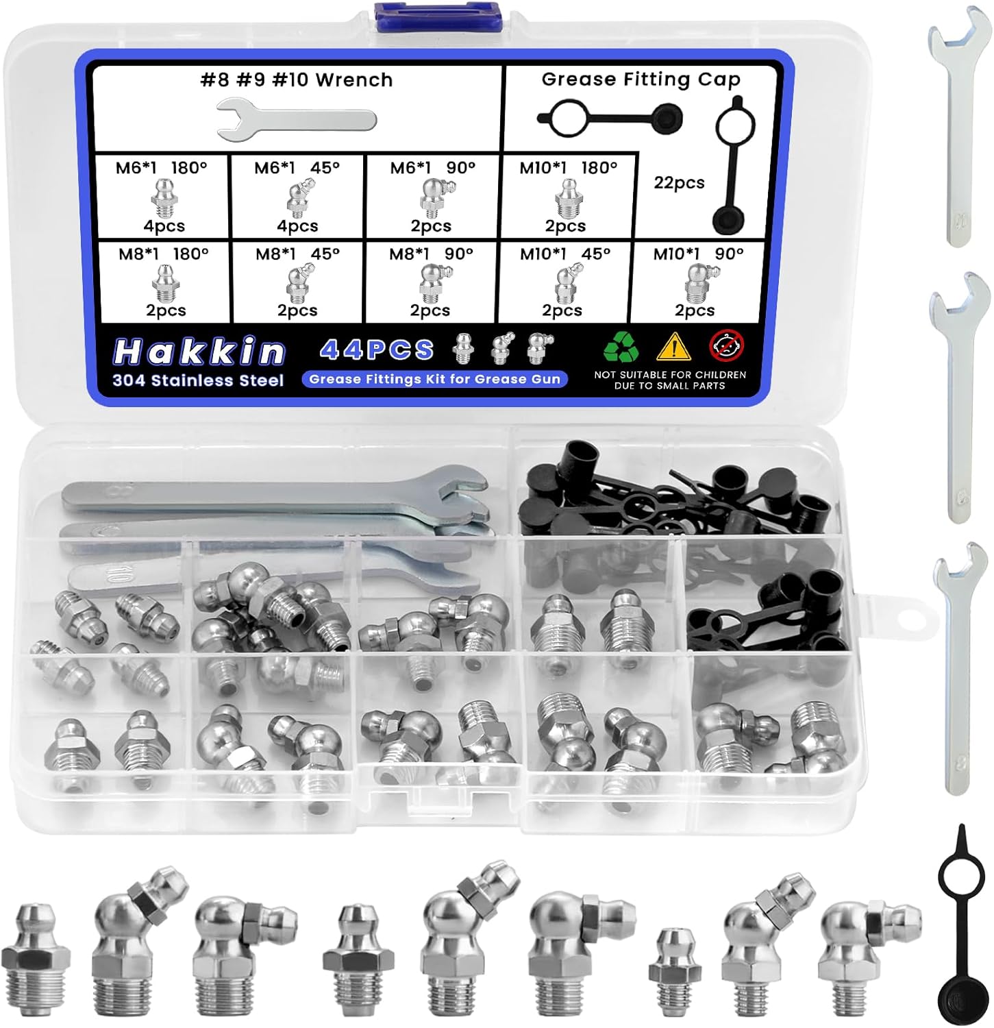 Hakkin Grease Fittings Assortment 304 Stainless Steel, M6 M8 M10 Metric Grease Zerk Fittings, Straight 45 90 Degree Grease Fittings Kit with Caps and Wrench, 47PCS for Grease Gun