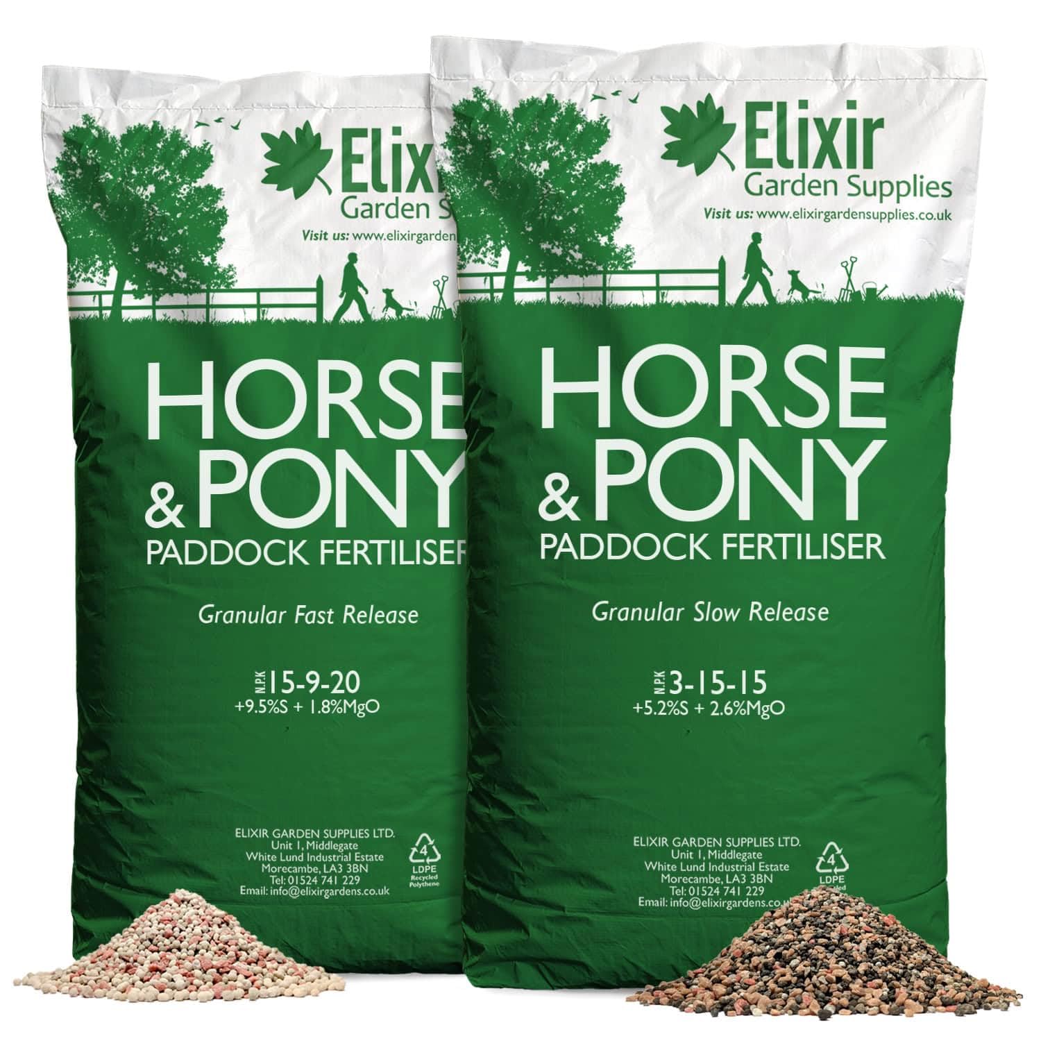 Elixir Gardens Horse & Pony Paddock Fertiliser Granular 3-15-15 + S | Made in UK, Optimized for British Climate | 1kg-25kg supplied in Bag or Tub | 2kg Bag Treats 40sqm