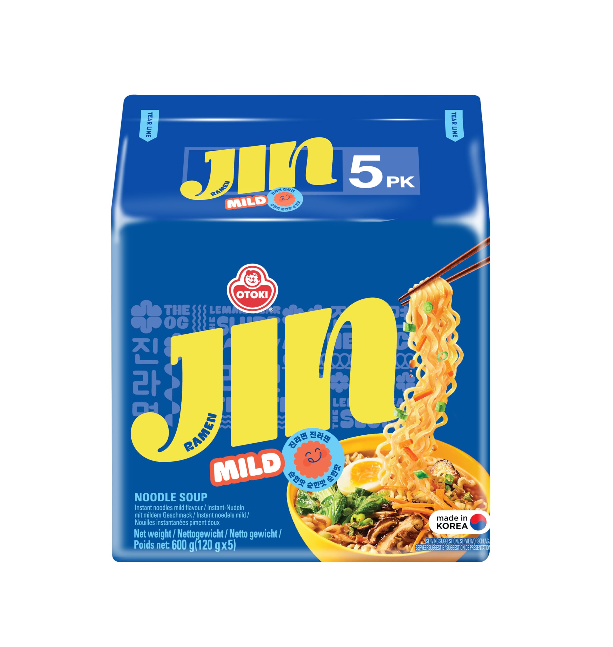 OTOKI Jin Ramen Mild – Authentische koreanische Instant-Nudeln. Original koreanische Ramen-Suppenmischung für eine herzhafte und reichhaltige, schnelle und einfache Mahlzeit. 5er-Pack.