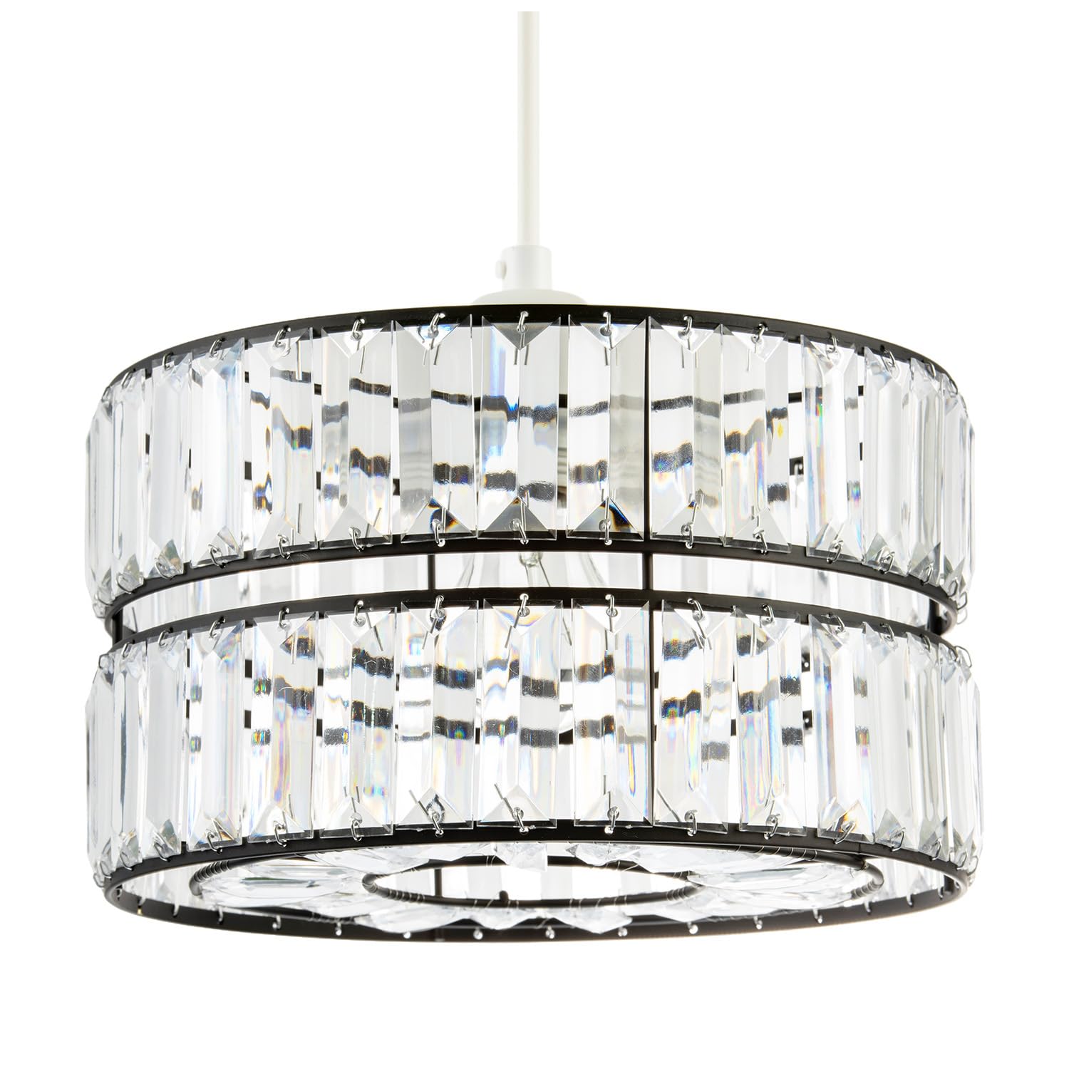 Happy Homewares Black Chic Designer Double Tier Easy Fit Pendant Shade With Rows Of Clear Acrylic Prisms | 15Cm X 25Cm | Matte Metal Frame By