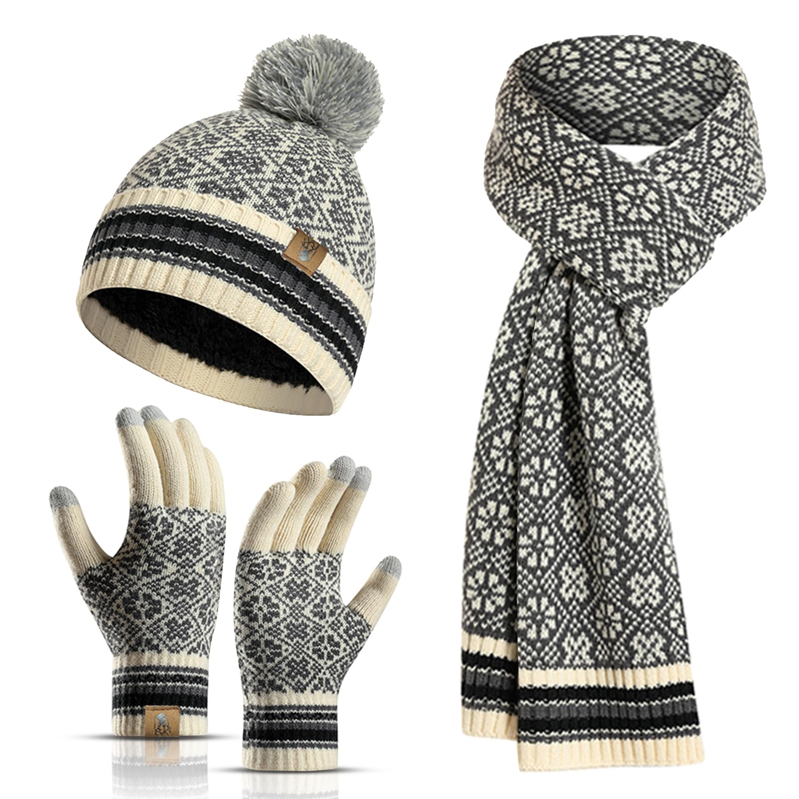 Mütze Schal Handschuh Set Winter Weich Warm Pelzgefütterte Bommelmütze Langer Schal und Touchscreen Handschuhe Set 3-teiliges Retro Schneeflockenmuster Gestrickte Damen Unisex