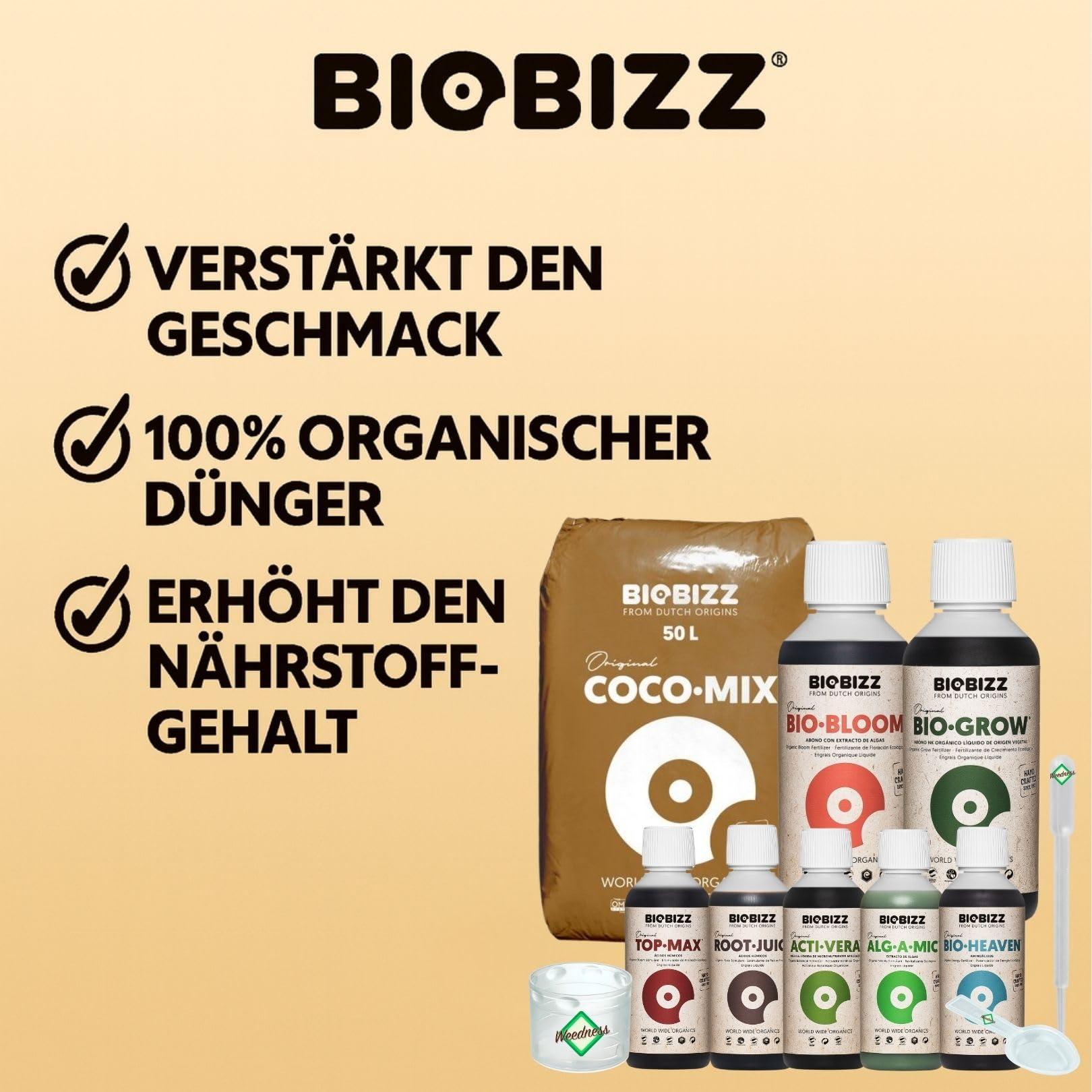Weedness BioBizz Coco Mix 50 Liter + Dünger Set Big - Kokoserde gepresst Blumenerde Substrat Kokos Anzuchterde Grow
