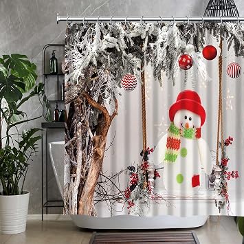 QZJDX Christmas Shower Curtain for Bathroom Happy Snowman Swing Winter Snowy Forest with Christmas Balls for New Year Decor Polyester Fabric Bath Curtains 60"x70"