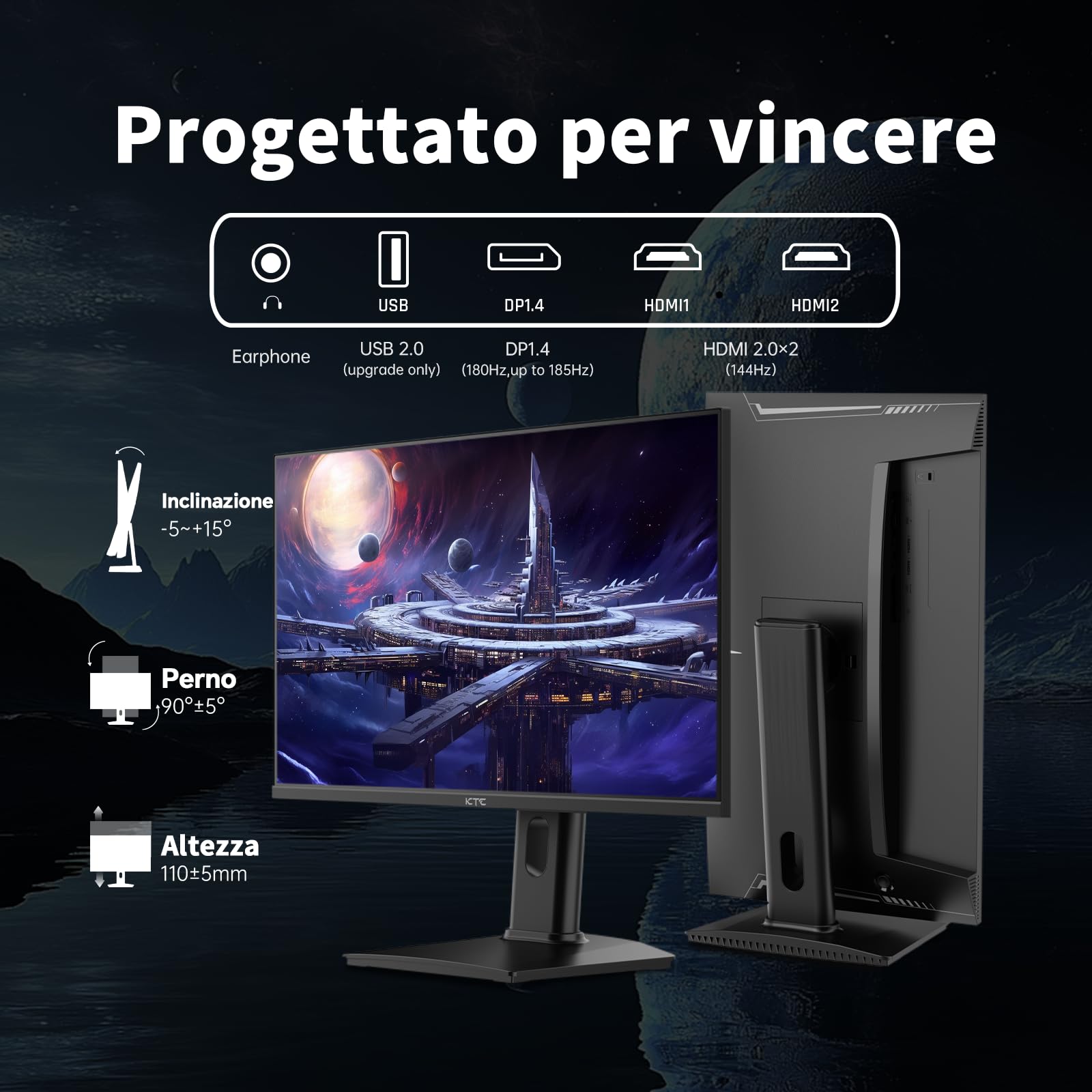KTC Monitor Gaming 180Hz 2K QHD Fast-IPS 1ms HDR 400 24 Pollici