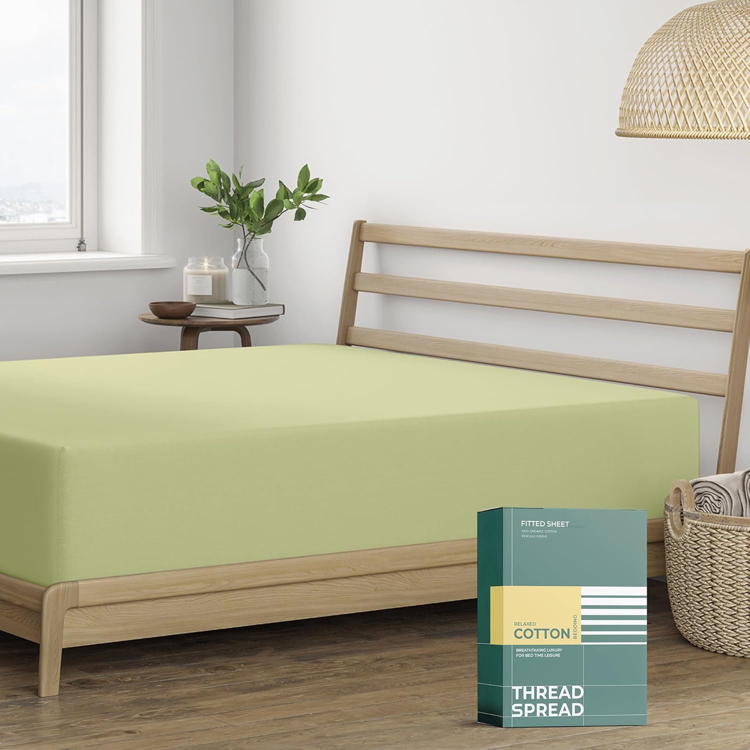 THREAD SPREAD 100% Organic Cotton Percale Weave Fitted Sheet Twin Size, Sage Green, 1 Deep Pocket Twin Fitted Sheet, Fits Mattress Upto 16" Crisp and Cool Bed Linen, Luxury GOTS Certified Sheets