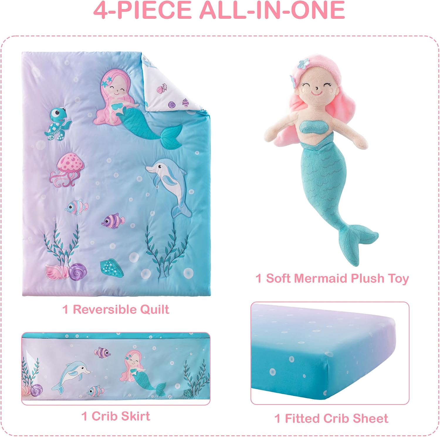Crib Bedding Set with Plush Toy for Baby Boys Girls, Oeko-Tex | 4 Piece Nursery Bedding, Fitted Sheet, Quilt, Crib Skirt, Stuffed Mermaid, Gender Neutral, Cartoon Animal Style, Shower Gift