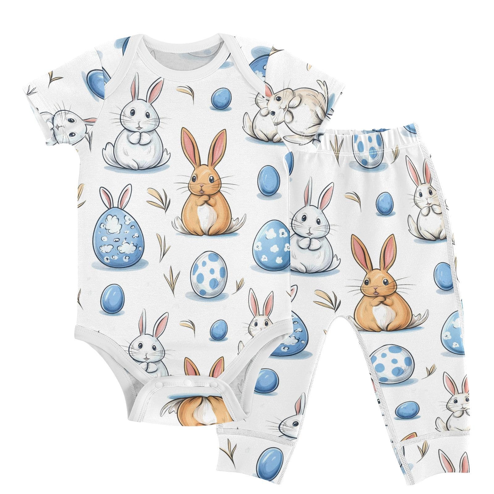 vvfelixl Baby Layette Sets Clothes,Cartoon Eggs Rabbits Baby Bodysuits Set,Unisex Babys Pants Sets Short Sleeve 12-18M