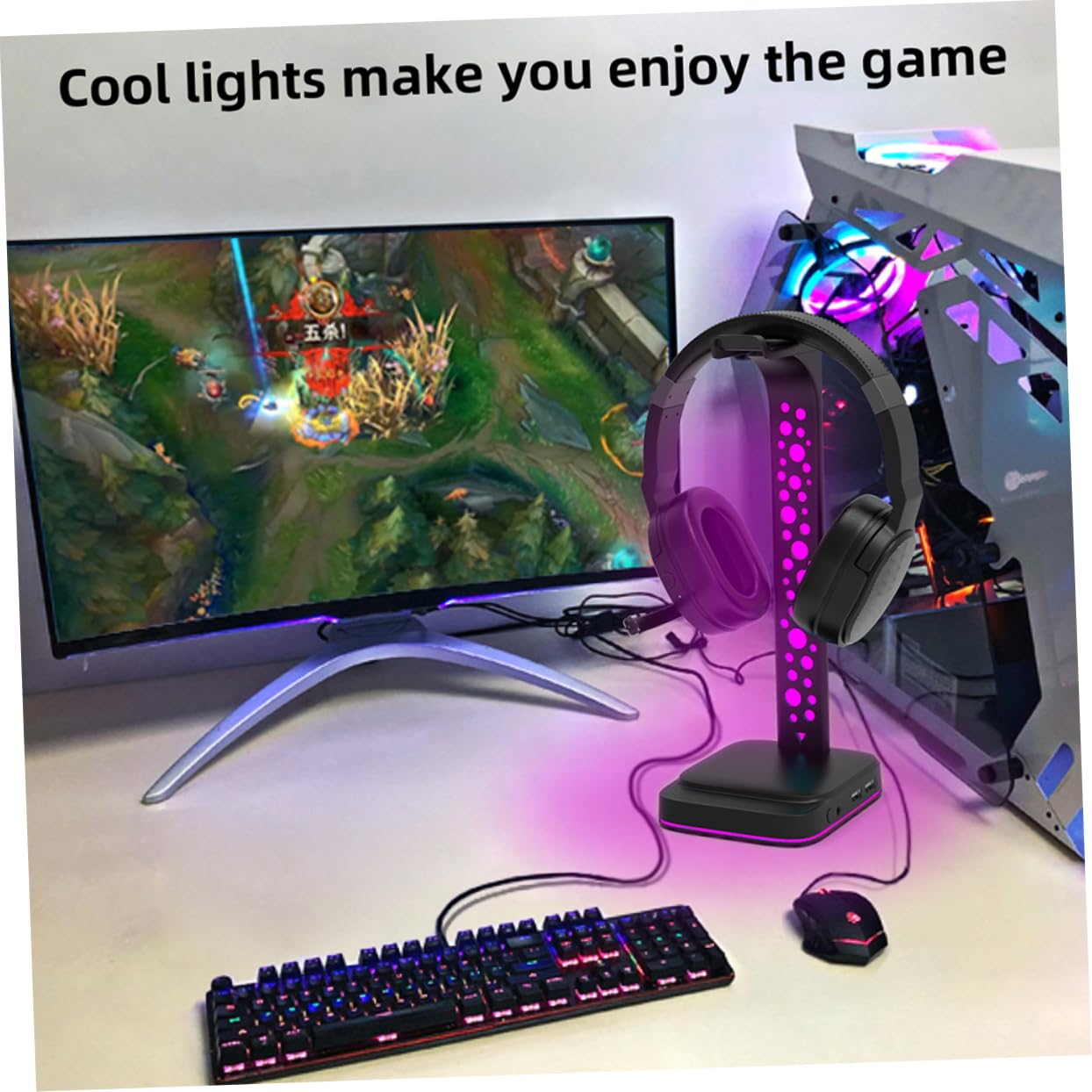 Supporto Cuffie Gaming Rgb Nero in Abs per Desktop | Luce Regolabile, Uso Prolungato, Accessorio per Gaming Pc, Doppia Porta Usb, Stile da Scrivania