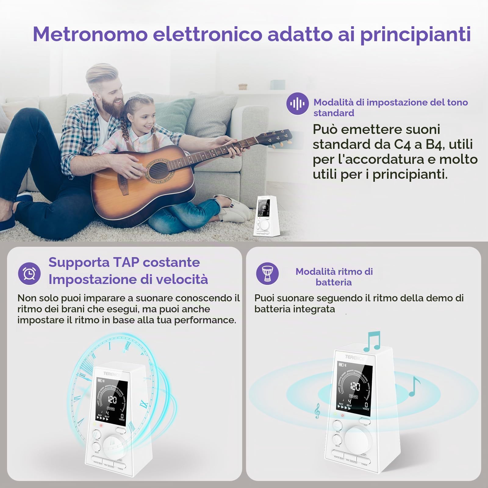 TERENCE Metronomo Digitale per Pianoforte Basso Ukulele Strumenti Musicali Metronomo Elettronico con Altoparlante LCD Display Volume Ritmo Regolabile Ricaricabile Timer Funzione Tempo 30-252bpm Bianco