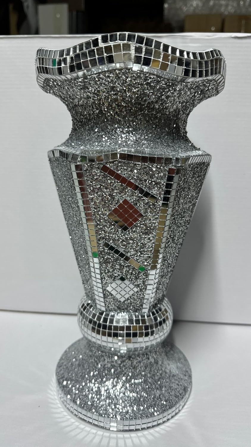 Silver Crystal Field Crushed Diamond Flower Vase, Elegant Sparkle Pot, Mirrored Mosaic Design, Glamorous Home Décor for Living Room, Dining Table, or Gift – 30CM