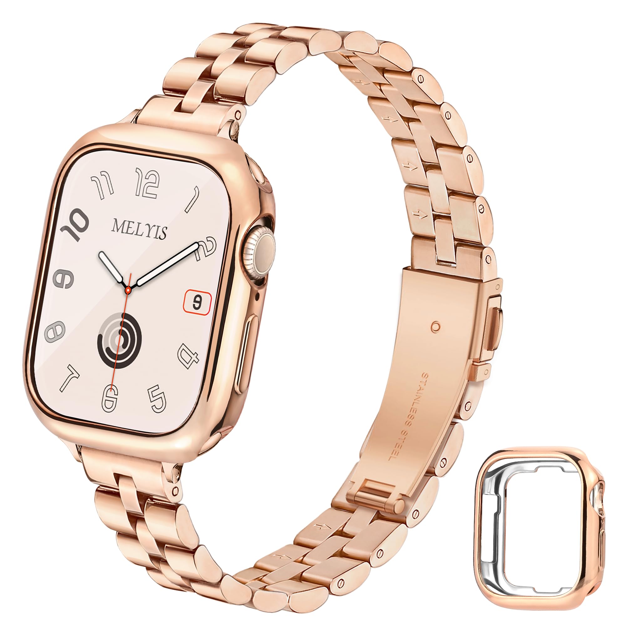 Melyis Bracelet fin en métal compatible avec les bracelets Apple Watch pour femmes de 45 mm, 44 mm, 42 mm (S3 2 1), bracelets iWatch en acier inoxydable avec étui de protection en TPU, bracelet fin