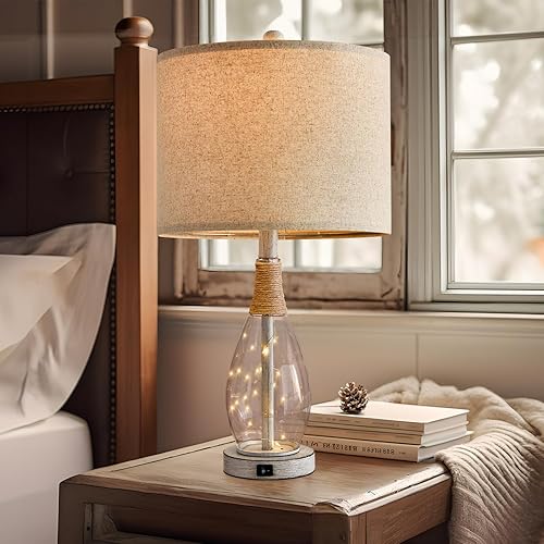Miniatura 5 de OYEARS Lámpara de mesa USB A+C de 23 pulgadas para dormitorio, sala de estar, lámparas de noche modernas retro de casa de campo de ratán de cristal