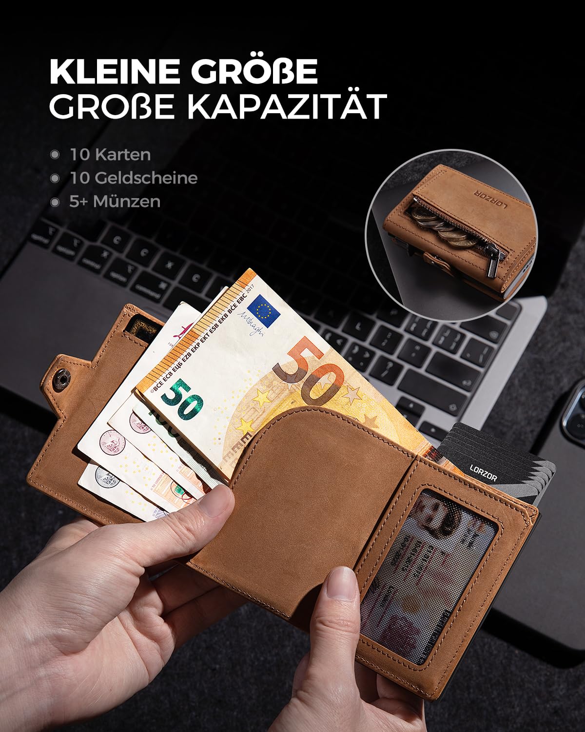 LORZOR® Slim Wallet mit Münzfach, Geldbörse Herren echtem Leder, RFID Blocker Portemonnaie, Portmonee Herren Kartenetui mit Münzfach, Geldbeutel für 10 Karten, Smart Wallet