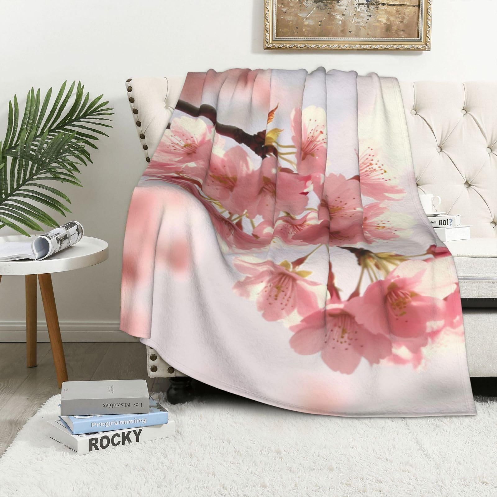 Couverture polaire en flanelle réversible chaude fleur de cerisier jeté de lit