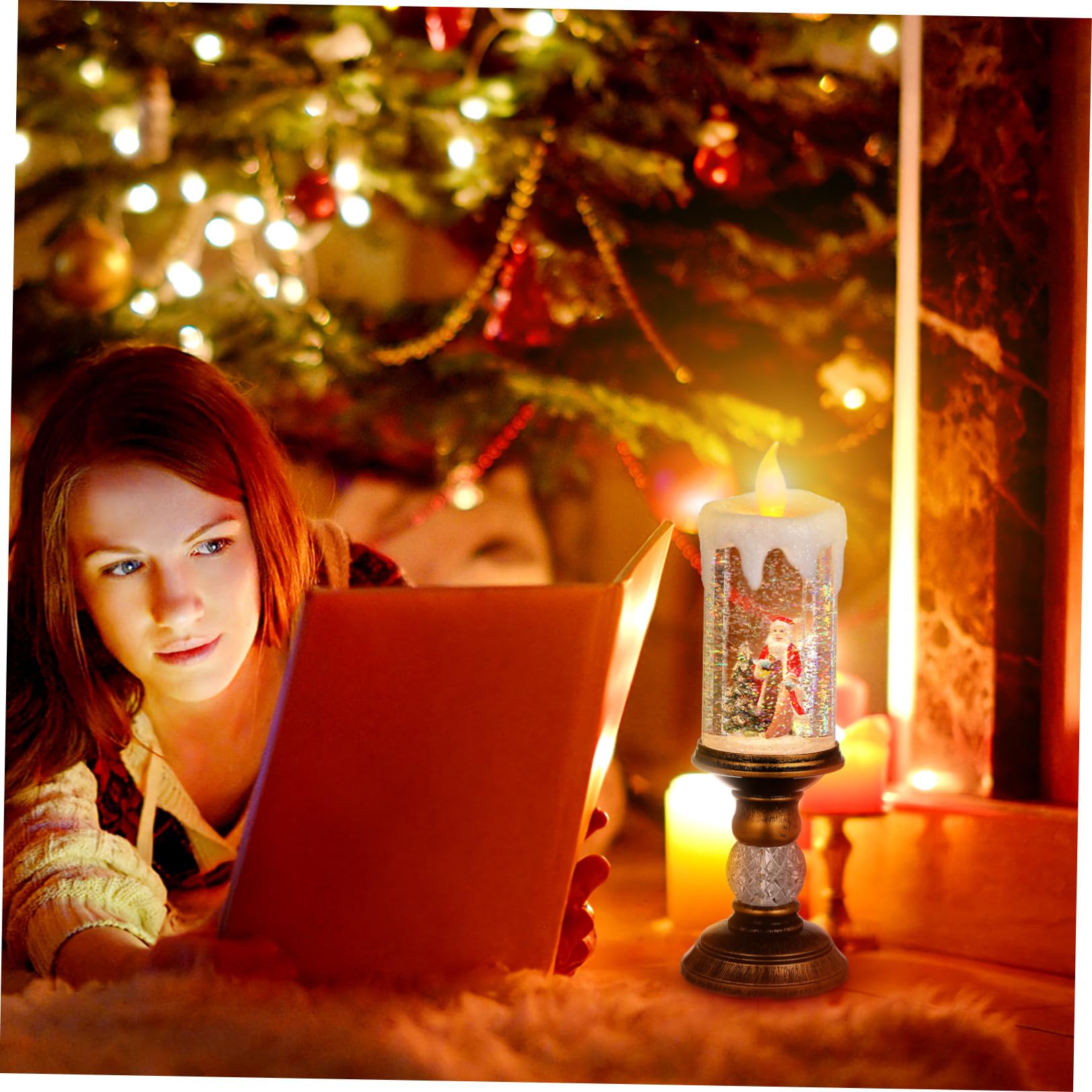 DOITOOL Musica Scatola Decorativa Natalizia Luce LED a Forma di Candela, Realizzata in Pvc e Abs, Lampada da Notte per Feste di Natale Effetto Neve e Alimentazione USB