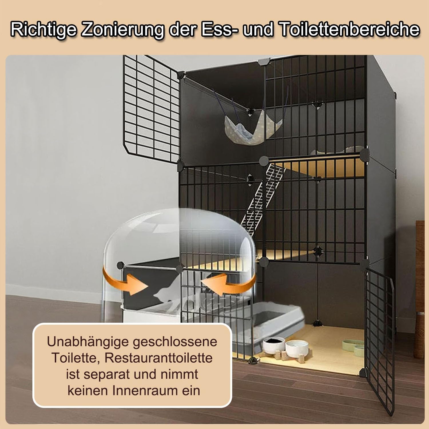Gabbia per Gatti, recinto per Gatti da Interno, Gabbia Fai da Te per Gatti con lettiera Estraibile, Pannello in PVC + Struttura in Metallo, Facile da Pulire (Dimensioni: 147x49x109 cm)