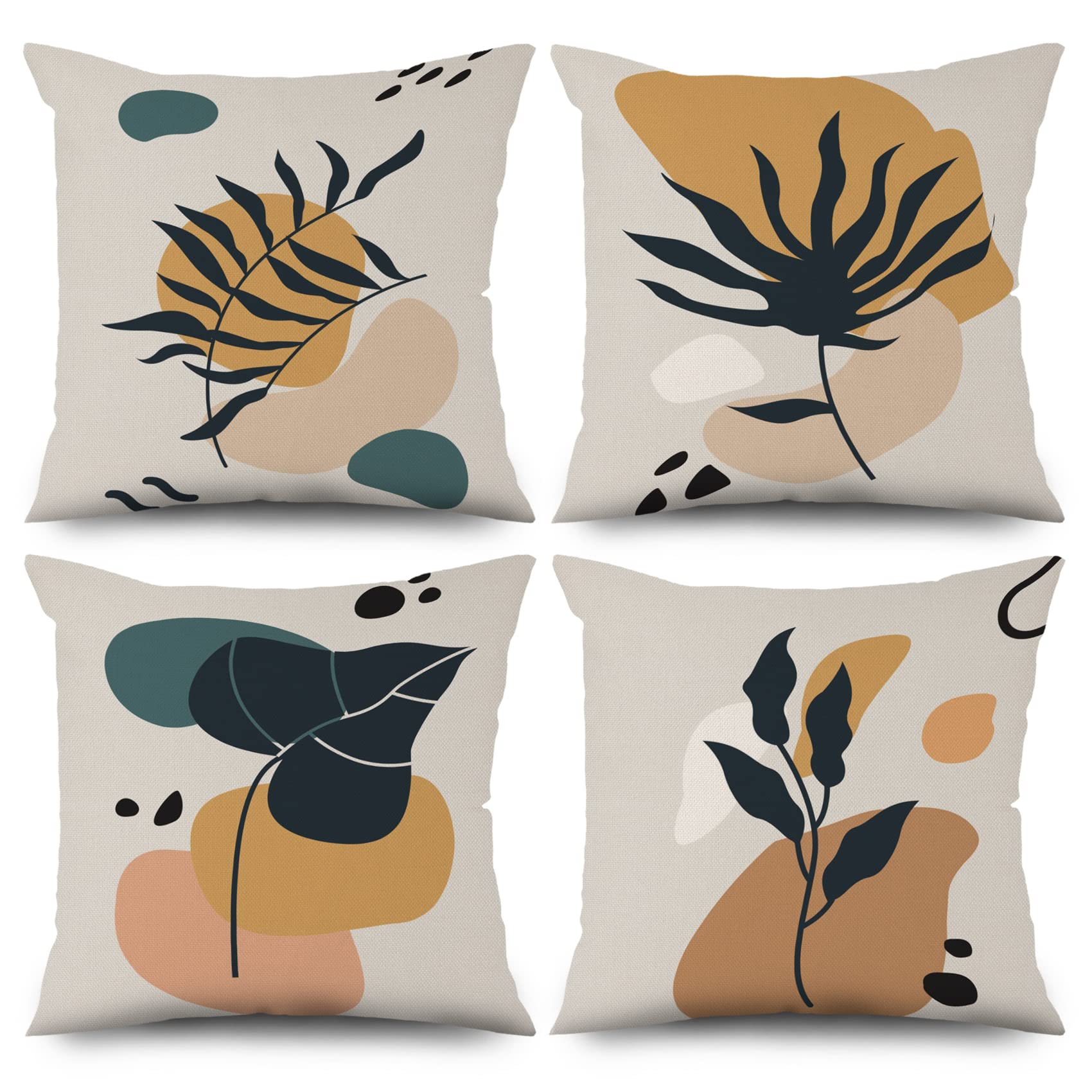 ASDCXZ Boho Cushion Cover 50x50 cm Set of 4, Modern Abstract Art Bohemian Leaves Beige Sofa Cushion Cover Decorative Cushion Covers Washable Flax Square Pillow Cases for Living Room Couch Pillowcases — image 1