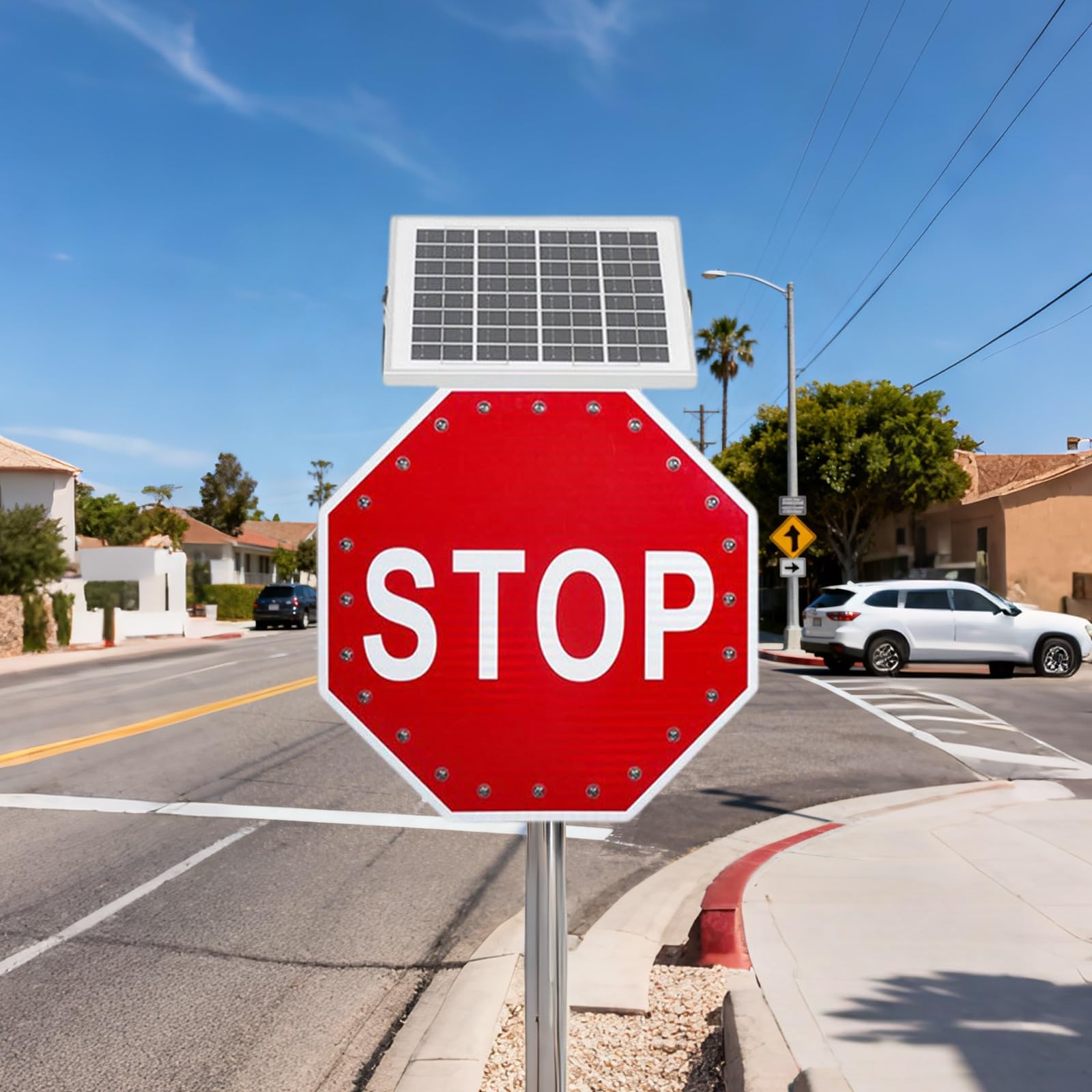 Señal de Stop de 60 cm (24") con Energía Solar, Luz de Stop Intermitente LED, Señal de Tráfico Octogonal, Película Reflectante de Grado Ingeniero - Ideal para Entradas de Vehículos y Escuelas