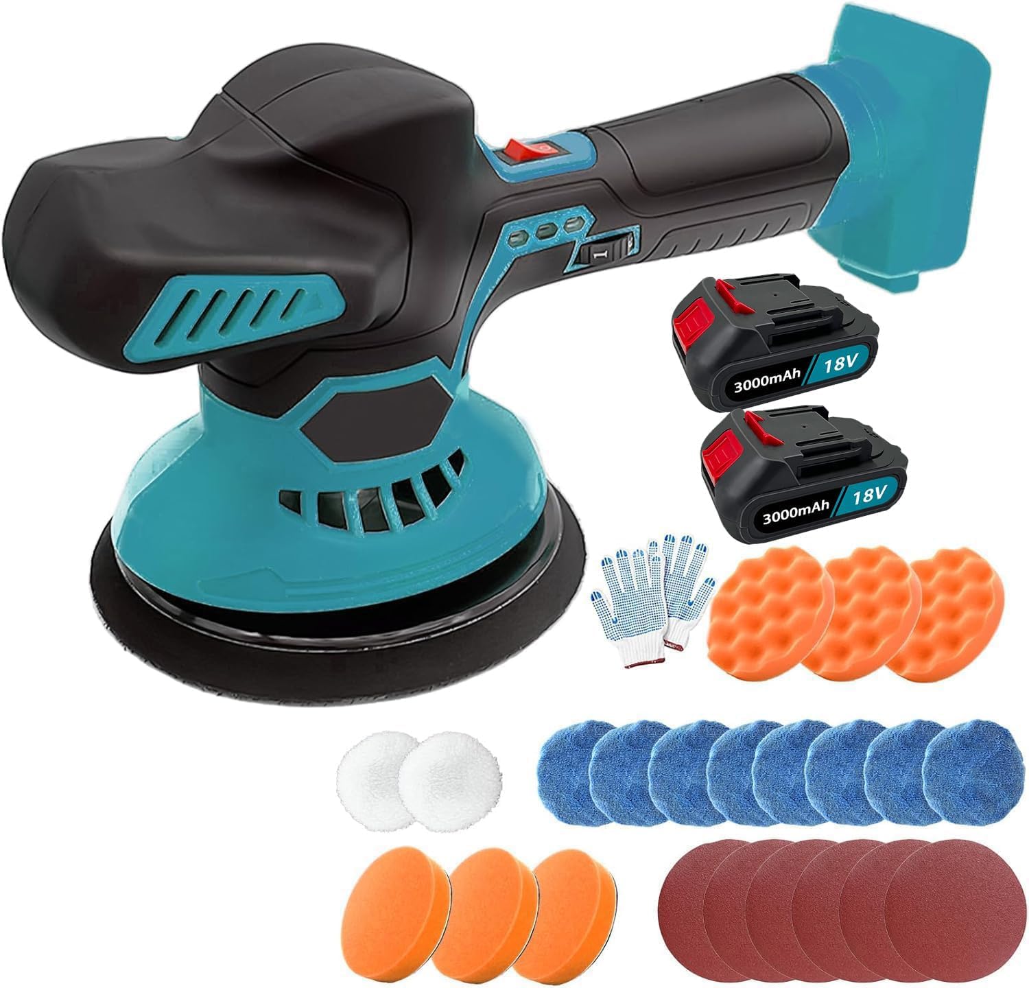 Akku Poliermaschine Auto,Ersatz für Makita 18V BL1830,21V Exzenter Poliermaschine mit 2x 3.0 AH Akku,24 PCS Aufsätze,6 Variable Geschwindigkeit(2500-5000RPM),für Autodetaillierung/Polieren/Wachsen