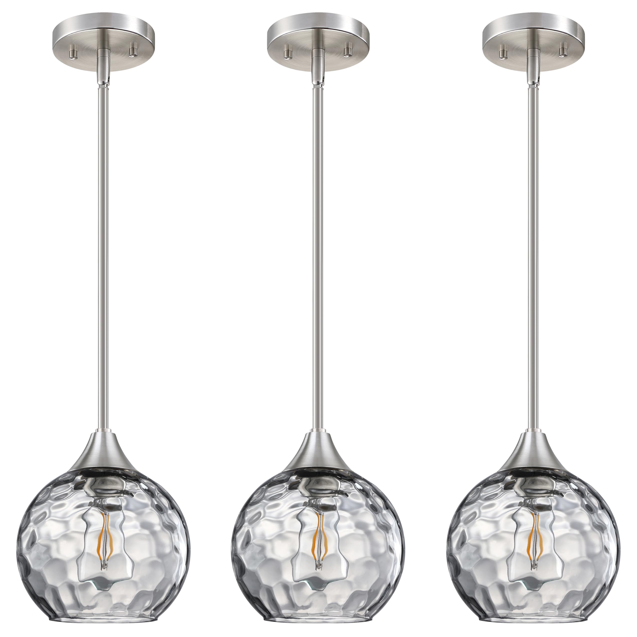 Hanging Modern Farmhouse Pendant Light Fixture,6.3" Hammer Globe Grey Glass 3 Pack Mini Pendant Lighting Brushed Nickel Finish for Kitchen Island Dinning Over Sink Living Room Decor