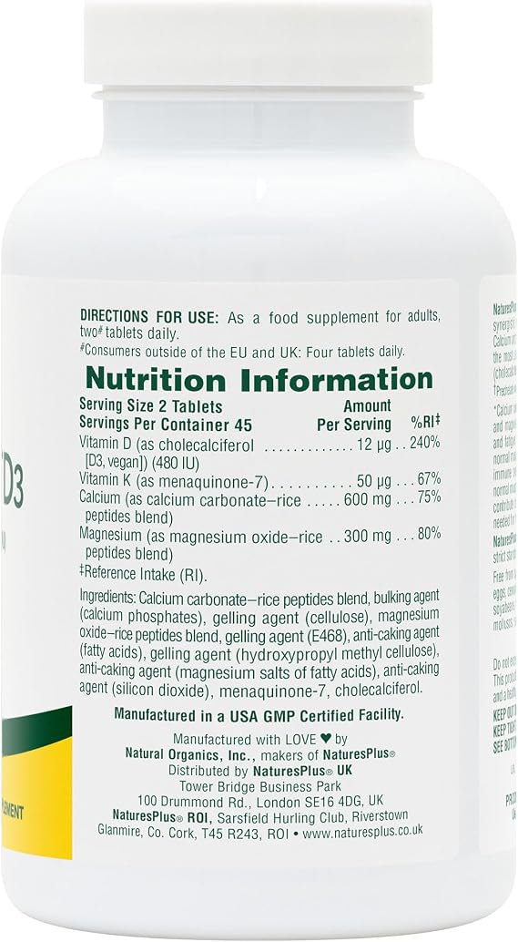 NaturesPlus Calcium Magnesium Vitamin D3 K2 Supplement - Bone, Teeth & Muscle Function Support - High Absorption, Vegan, Gluten Free - 90 Tablets