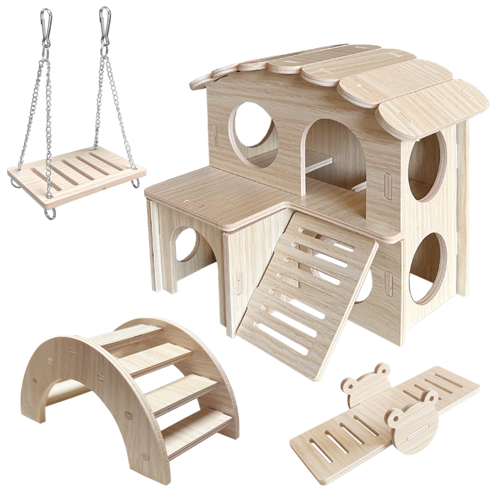 LOS ANDES Hamster Maze Double-Decker Wood House, Seesaw Toy, Bridge and Swing Hideout Cage Decor for Syrian Hamsters Dwarf Gerbil Mouse Mice Rat Small Animals(Only for Small Hamster)