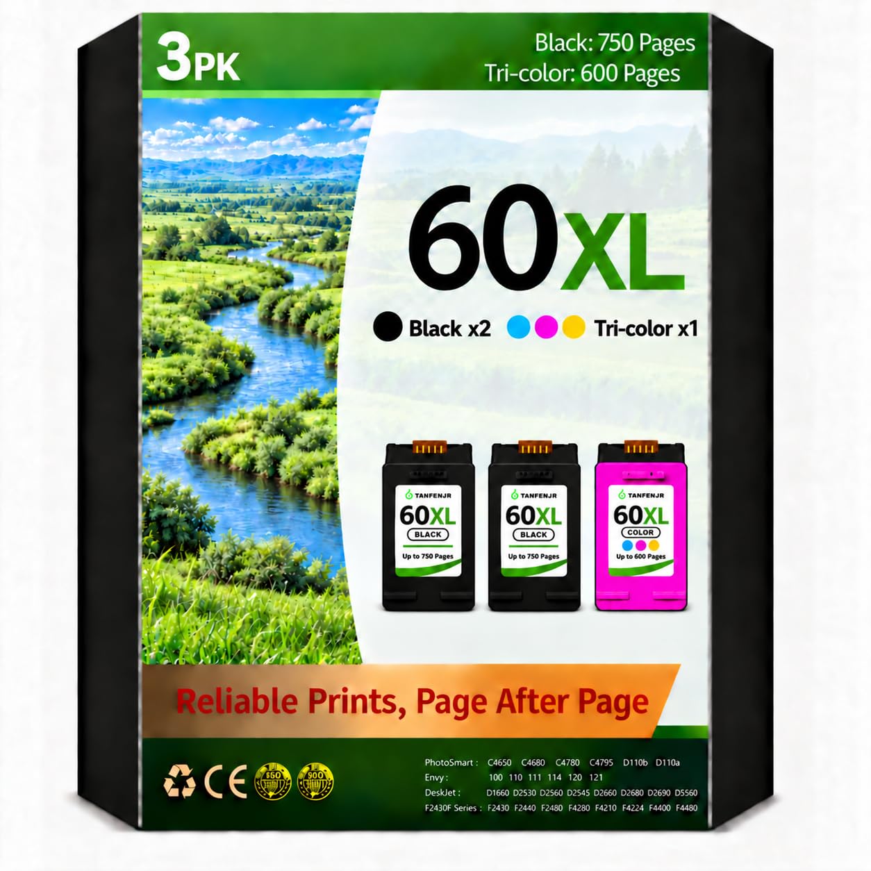 60XL Ink Cartridges Combo Pack 3-PK Replacement for HP Ink 60 60 XL Work for PhotoSmart C4780 C4680 C4795 C4640;Deskjet F4480 F4440 F2430 ;Envy 110 120 111 114 Printers (2 Black, 1 Tri-Color)