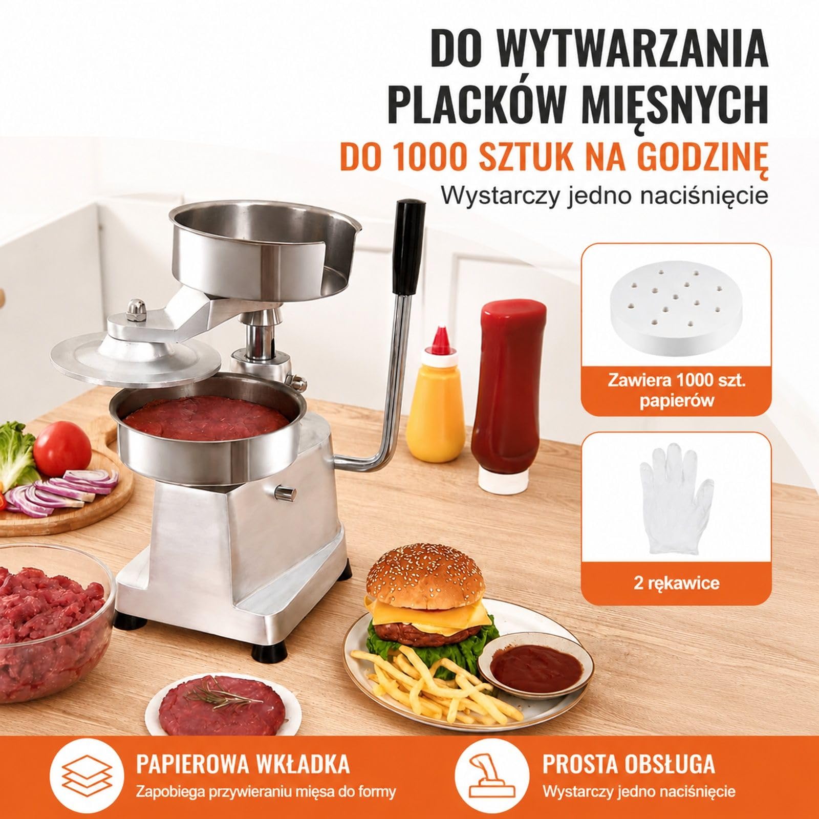 Ręczna prasa do burgerów z misą, metalowa forma do kotletów z 1000 arkuszami papieru do kuchni i cateringu