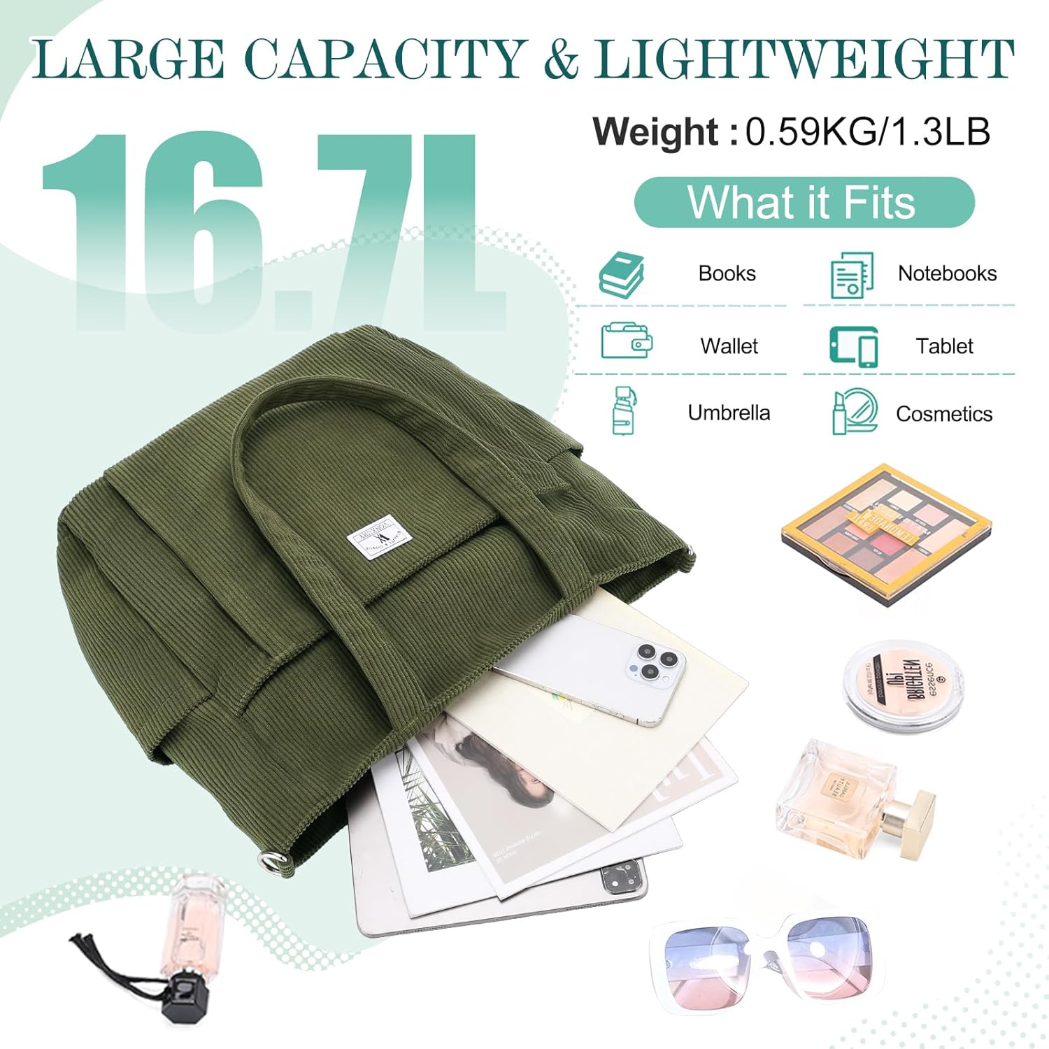 VX VONXURY Large Corduroy Tote Bag for Women, Shoulder Bag with Multi Pockets Lightweight Handbag for Work College Travel