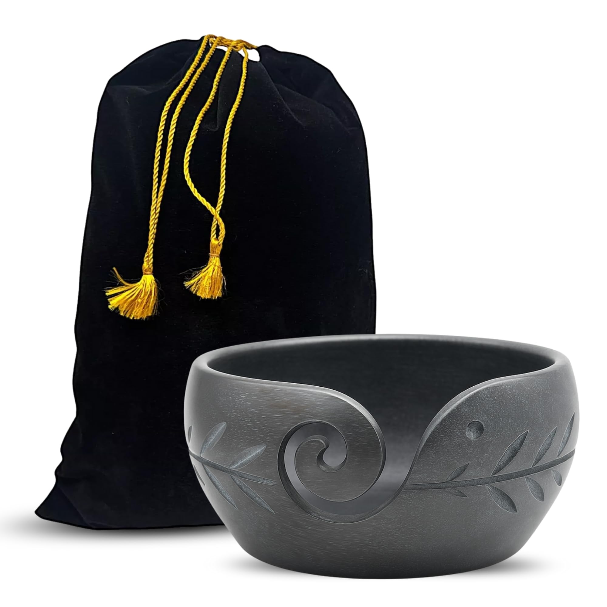 Wooden Yarn Bowl for Knitting &amp; Crochet – Handmade Antique Finish Yarn Holder with Swirl Cut &amp; Leaf Engraving | Non-Slip Weighted Base | Tangle-Free Craft Organizer Gift for Knitters &amp; Crocheters