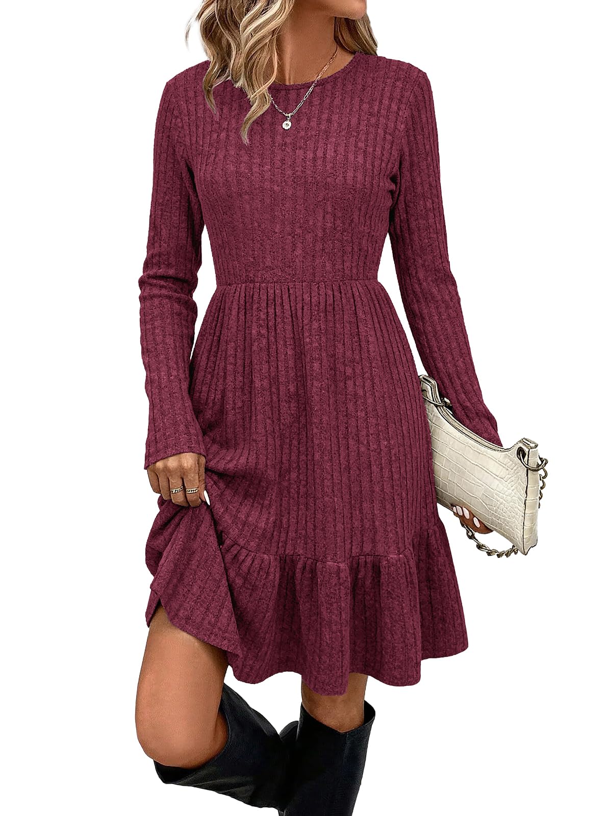 Berydress Fall Sweater Dresses for Women 2025 Long Sleeve Crewneck Flowy Babydoll Winter Casual Midi Dress with Pockets