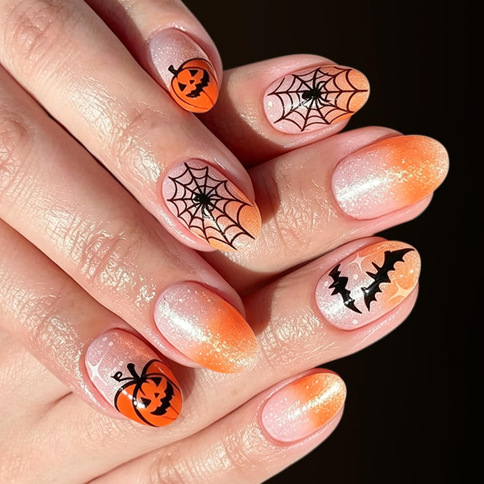 fexxkg Halloween Press On Manicure 24 Piece Oval False Tip Set, Amber Gradient Web Pumpkin Bat Artwork, Multi Size ABS