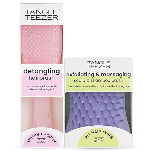 Tangle Teezer Paquete de cepillo desenredante y masajeador de cuero cabelludo, para exfoliar y desenredar todo tipo de cabello, rosa milenario y
