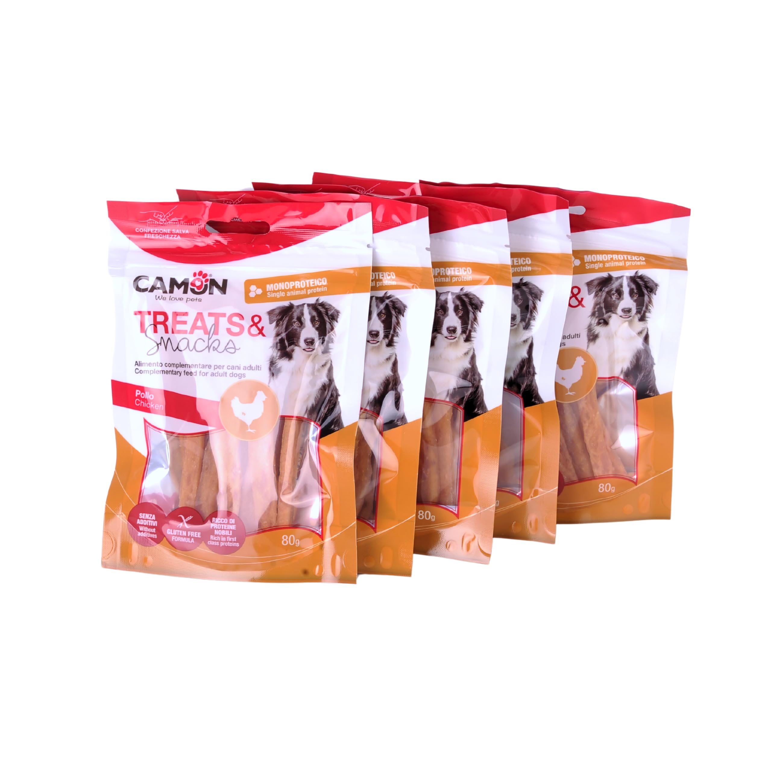 Camon Pack de 5 Snacks de Calidad para Perros - Tiras de Filete de Pechuga de Pollo - Sin Cereales - Premios Naturales - 5 Envases - Chuches para Perros