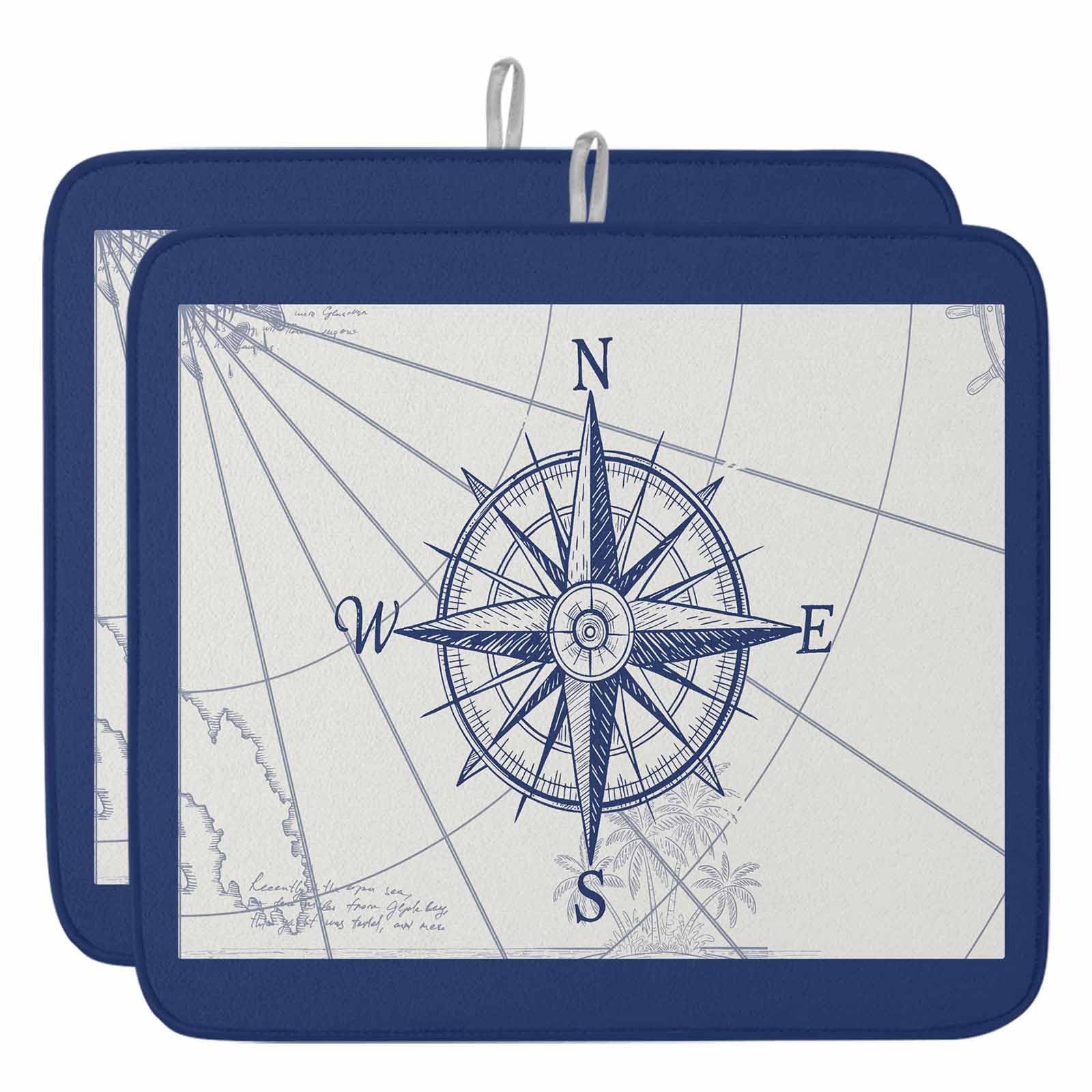Kitchen Drying Mat for Counter Nautical Vintage Compass Rudder Absorbent Dish Mats Foldable Microfiber Drainer Pad Blue Line on Map Plate Holder Mat