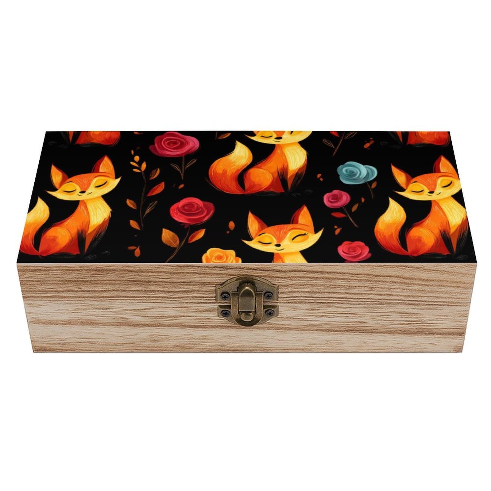 Cute Fox Rose Wooden Box with Hinged Lid Decorative Storage Case Container