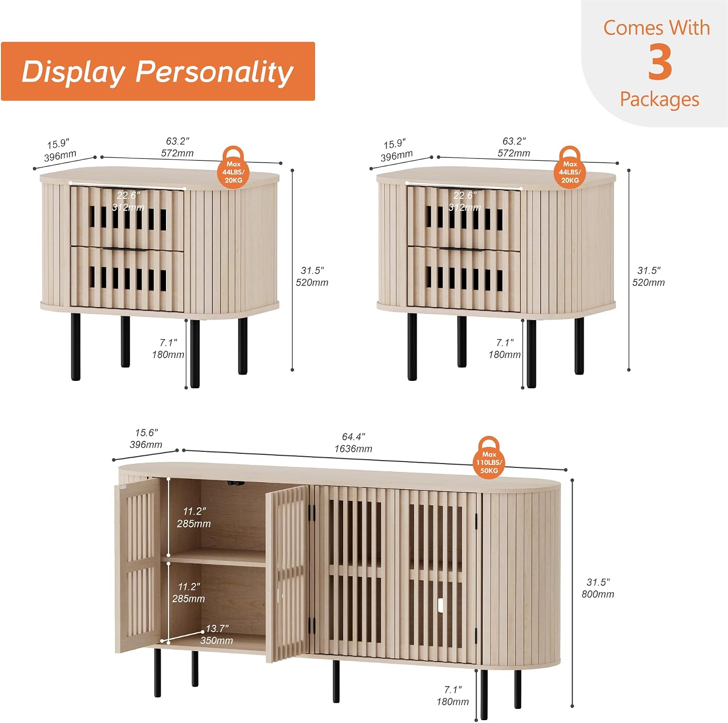 WAMPAT 3 Pieces Bedroom Set, Modern 64" Wide Sideboard and Nightstand Set,Wood Accent Storage TV Cabinet with Curved Design for Bedroom, Natural