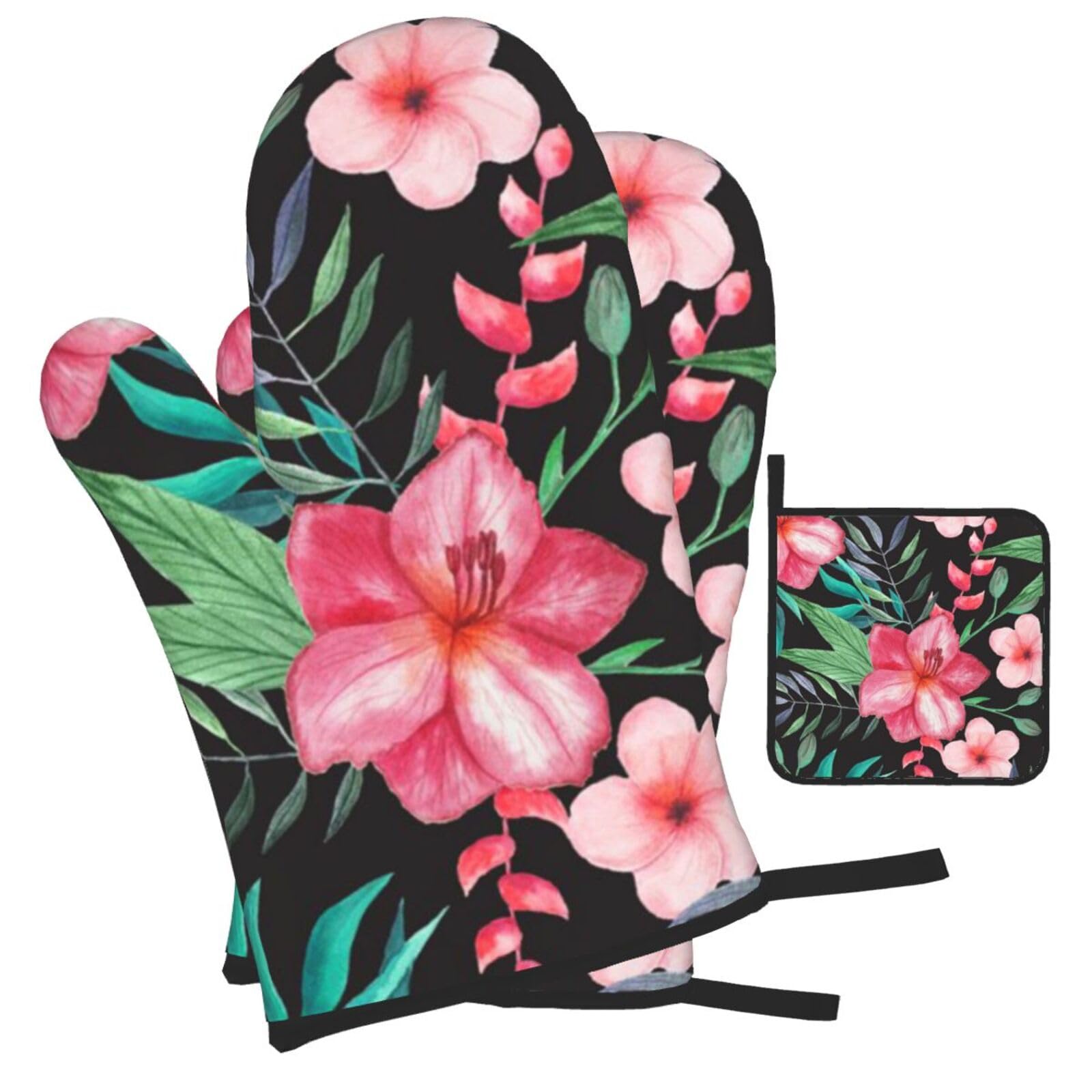 Tropical Leaves Printed Oven Mitts and Pot Holders Heat Resistant Set of 3 Pcs, Modern Kitchen Gloves & Potholders for Cooking Baking Grilling