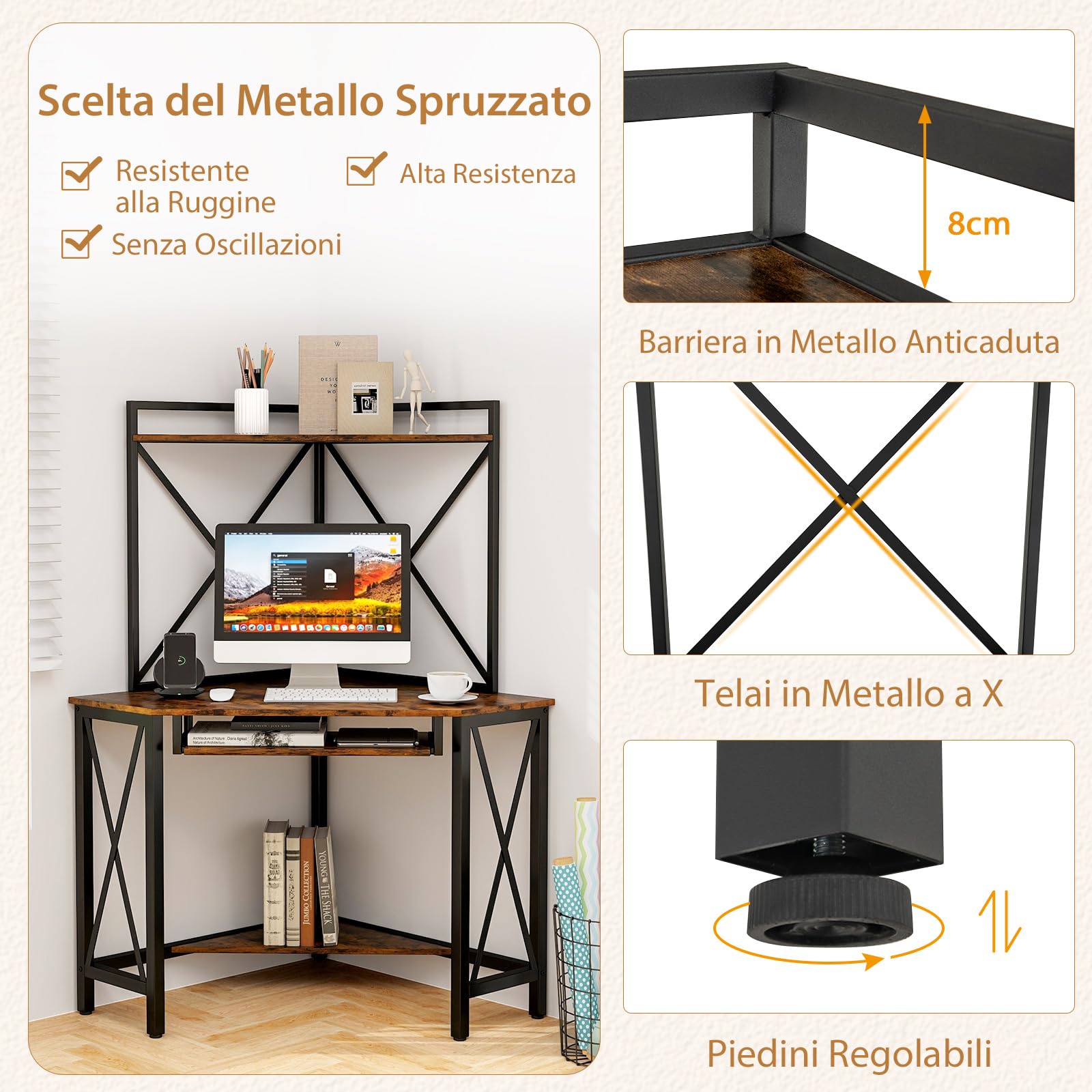 COSTWAY Scrivania Angolare con Prese, Scrivania ad Angolo con Ripiani, Porta Tastiera Estraibile e Struttura in Metallo, Scrivania Salvaspazio per Ufficio e Casa(marrone e nero)